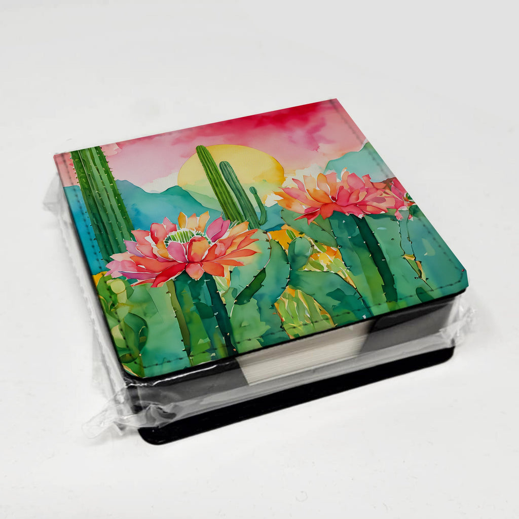Arizona Saguaro Cactus Blossom in Watercolor PU Leather Note Paper Holder with Artist-Designed Cover, Desk Accessory, Office Gift
