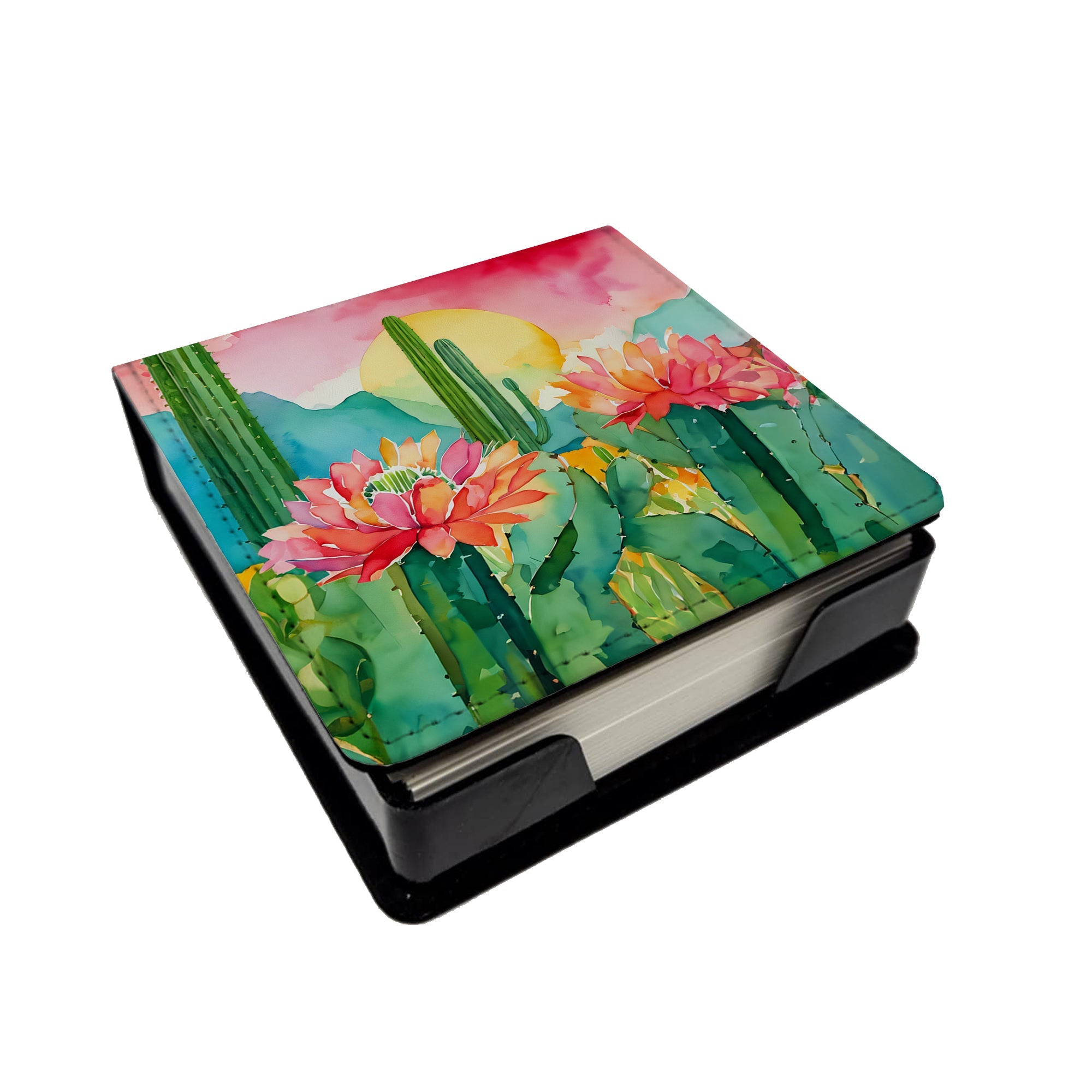 Arizona Saguaro Cactus Blossom in Watercolor PU Leather Note Paper Holder with Artist-Designed Cover, Desk Accessory, Office Gift