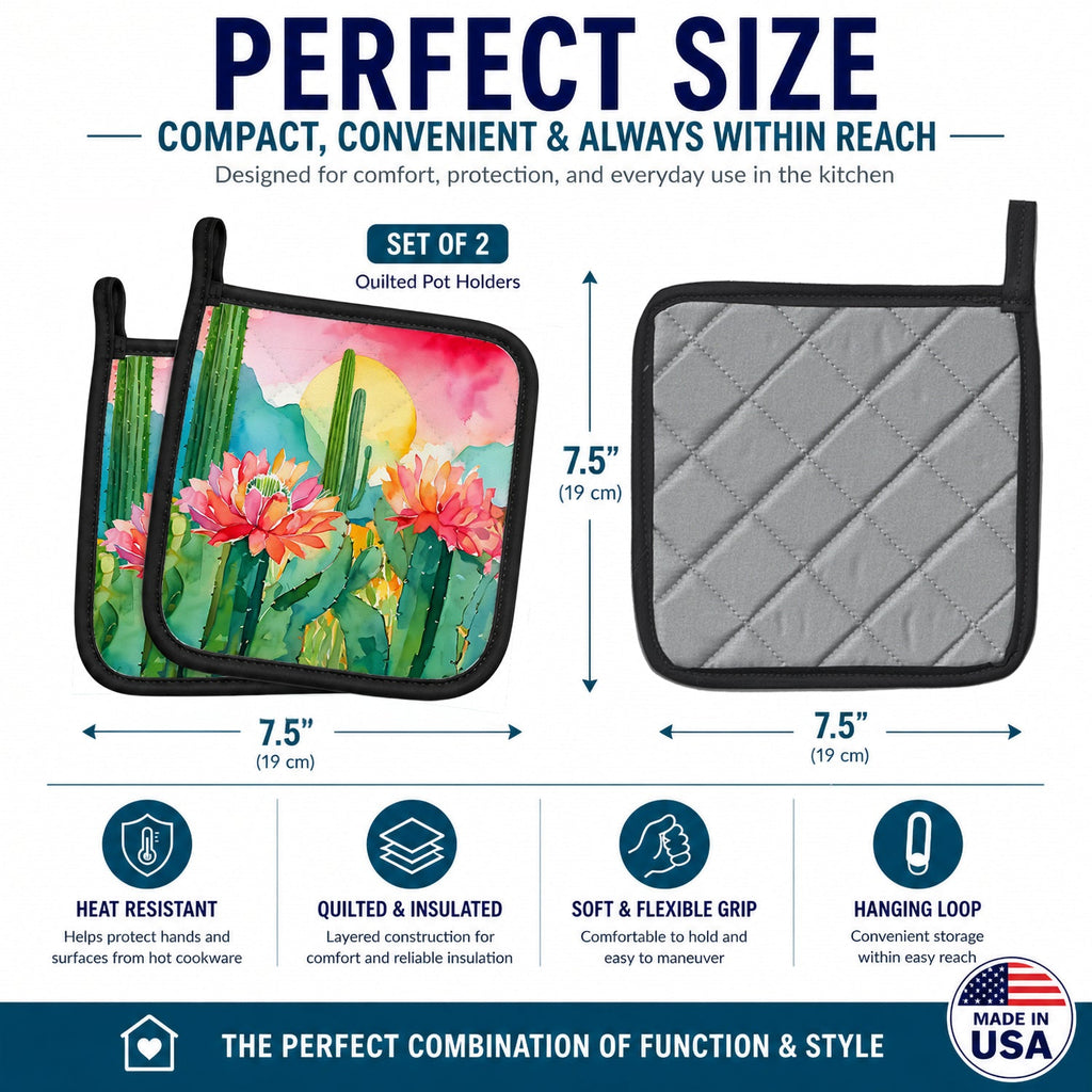 Arizona Saguaro Cactus Blossom in Watercolor Pot Holder Set of 2 Heat Resistant Quilted Hot Pads 7.5 x 7.5 Inch, Insulated Kitchen Trivets for Cooking & Baking