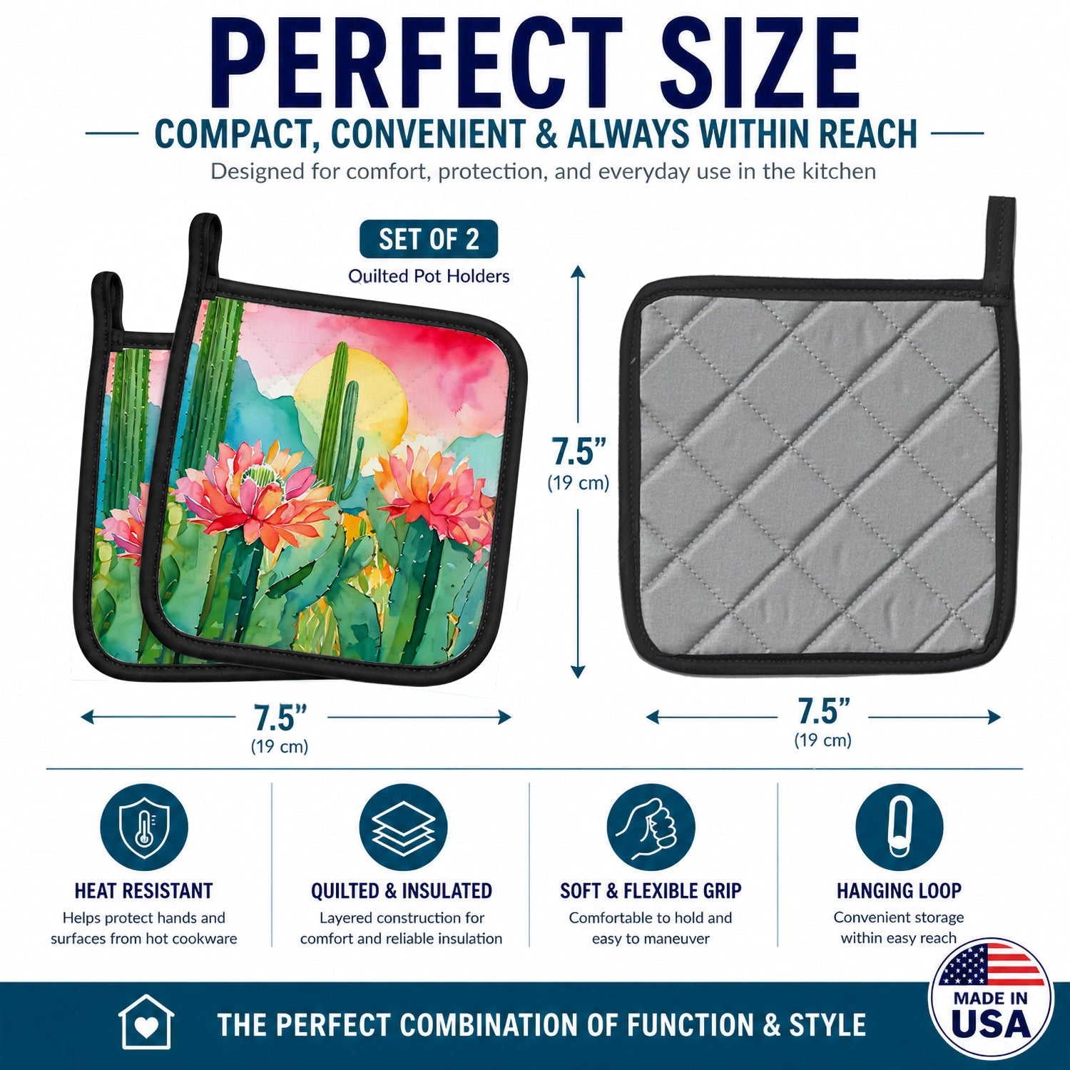 Arizona Saguaro Cactus Blossom in Watercolor Pot Holder Set of 2 Heat Resistant Quilted Hot Pads 7.5 x 7.5 Inch, Insulated Kitchen Trivets for Cooking & Baking