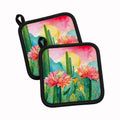 Arizona Saguaro Cactus Blossom in Watercolor Pot Holder Set of 2 Heat Resistant Quilted Hot Pads 7.5 x 7.5 Inch, Insulated Kitchen Trivets for Cooking & Baking