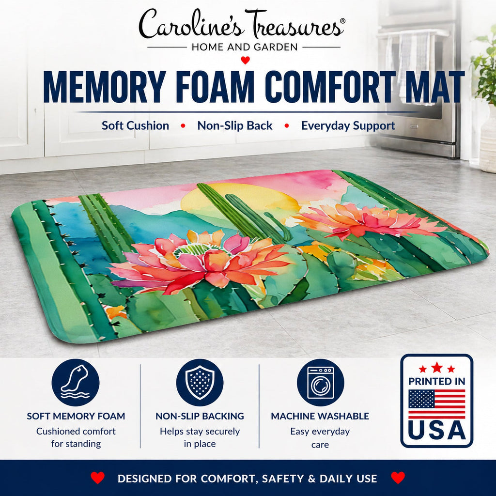Arizona Saguaro Cactus Blossom in Watercolor Memory Foam Kitchen Mat Machine Washable Anti-Fatigue Cushion Comfort Bath or Kitchen Rug