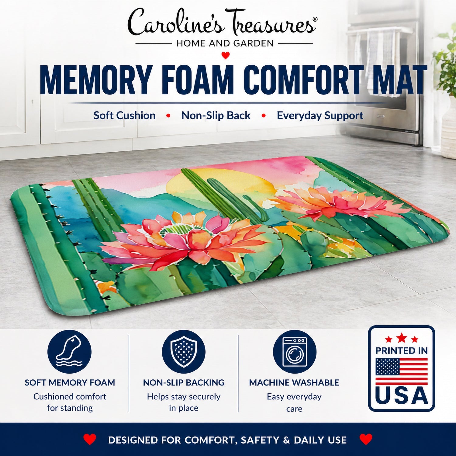 Arizona Saguaro Cactus Blossom in Watercolor Memory Foam Kitchen Mat Machine Washable Anti-Fatigue Cushion Comfort Bath or Kitchen Rug