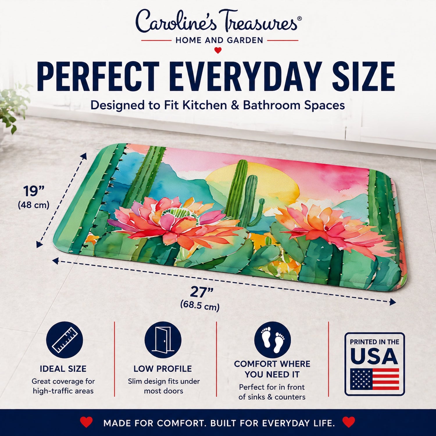 Arizona Saguaro Cactus Blossom in Watercolor Memory Foam Kitchen Mat Machine Washable Anti-Fatigue Cushion Comfort Bath or Kitchen Rug