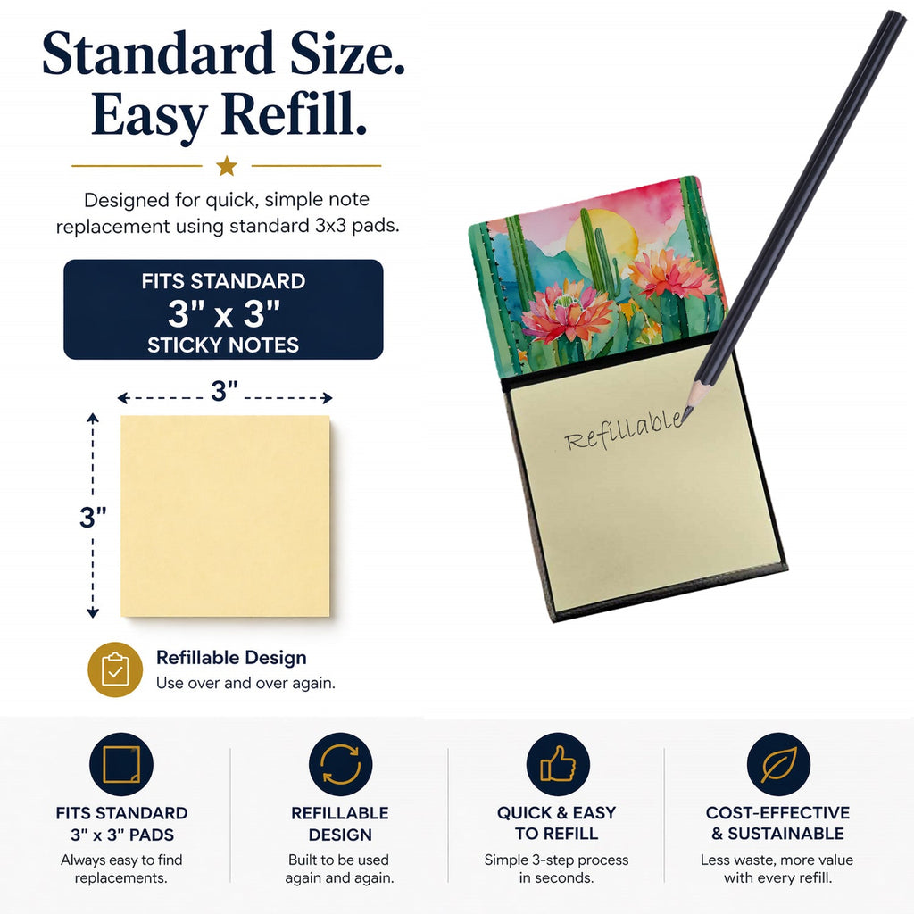 Arizona Saguaro Cactus Blossom in Watercolor Watercolor Sticky Note Holder Refillable Dispenser Desk Accessory 3x3 Pad Gift