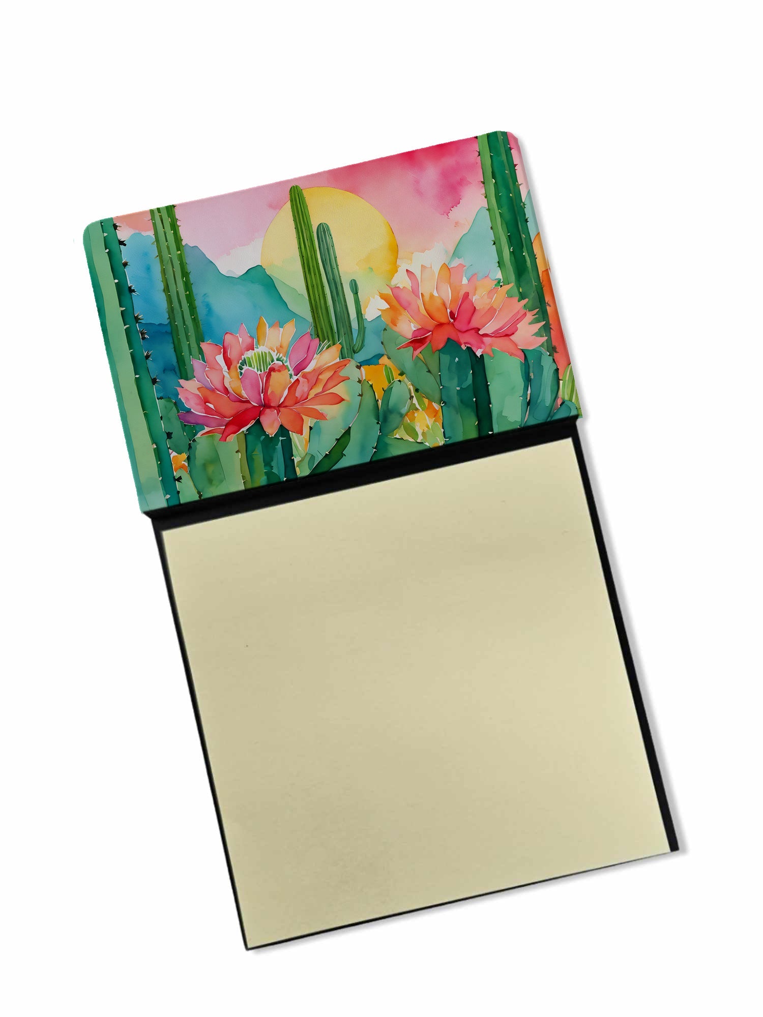 Arizona Saguaro Cactus Blossom in Watercolor Watercolor Sticky Note Holder Refillable Dispenser Desk Accessory 3x3 Pad Gift