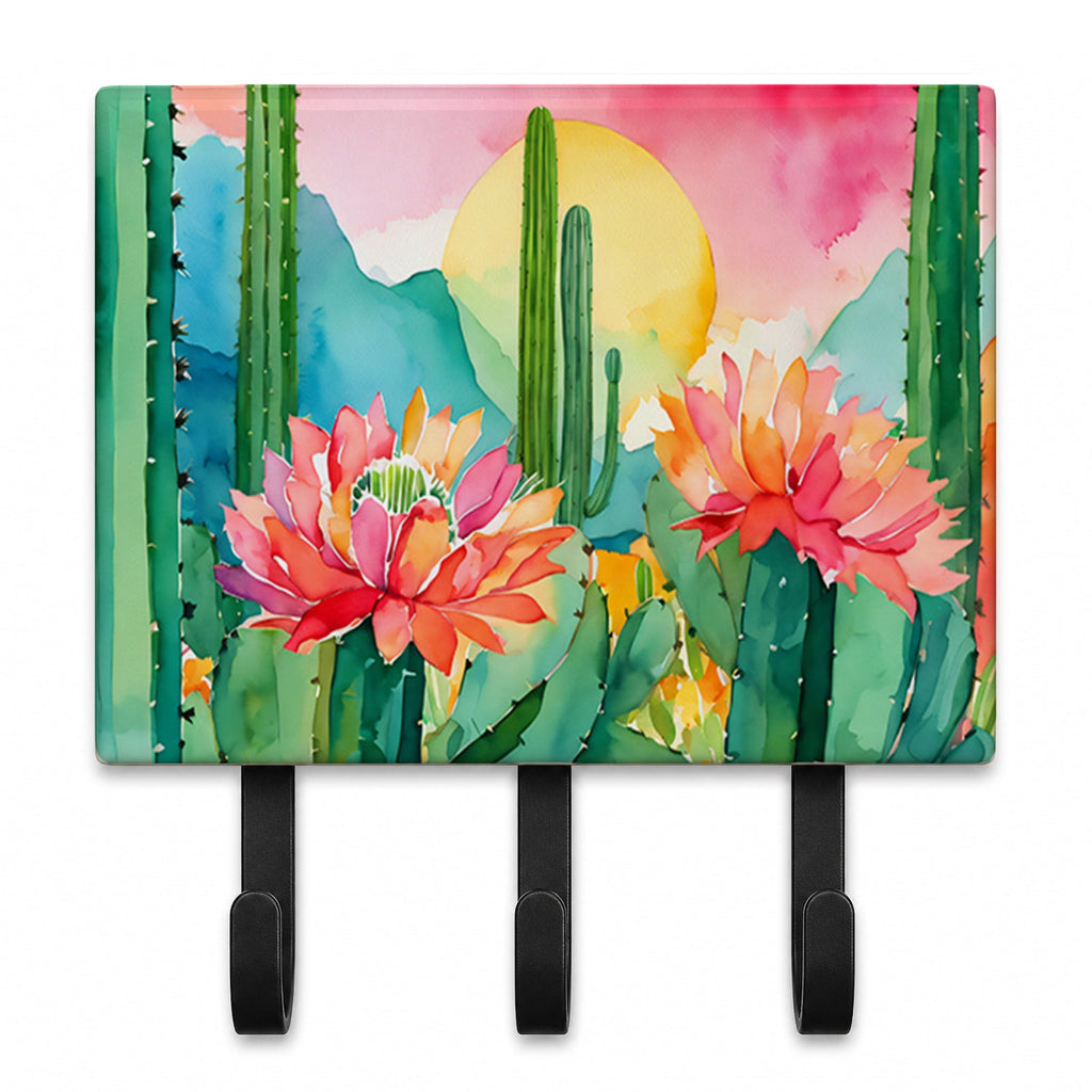 Arizona Saguaro Cactus Blossom in Watercolor Leash or Key Holder Wall Hooks, Coat Rack Wall Mount, for Hanging Keys, Towels, Aprons, Leashes