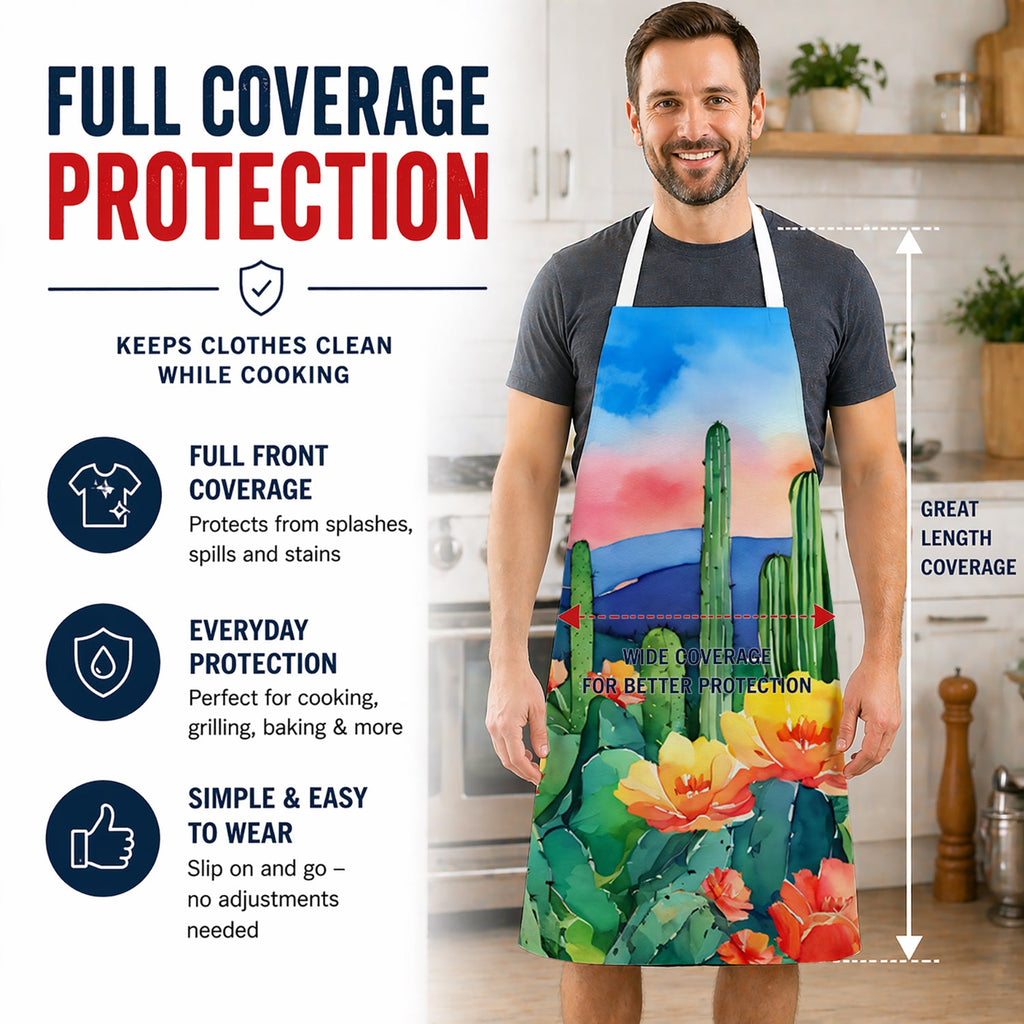 Arizona Saguaro Cactus Blossom in Watercolor Apron Cooking Kitchen Server Baking Crafts Gardening for Adult Women Men, Unisex, Large, Multicolor