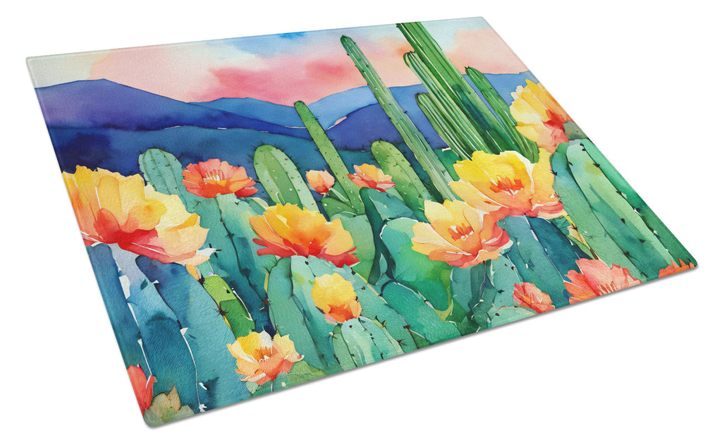 Arizona Saguaro Cactus Blossom in Watercolor Cutting Board Tempered Glass Kitchen Cutting Surface, Heat Resistant Chopping, Non-Slip Feet, Food Prep & Serving