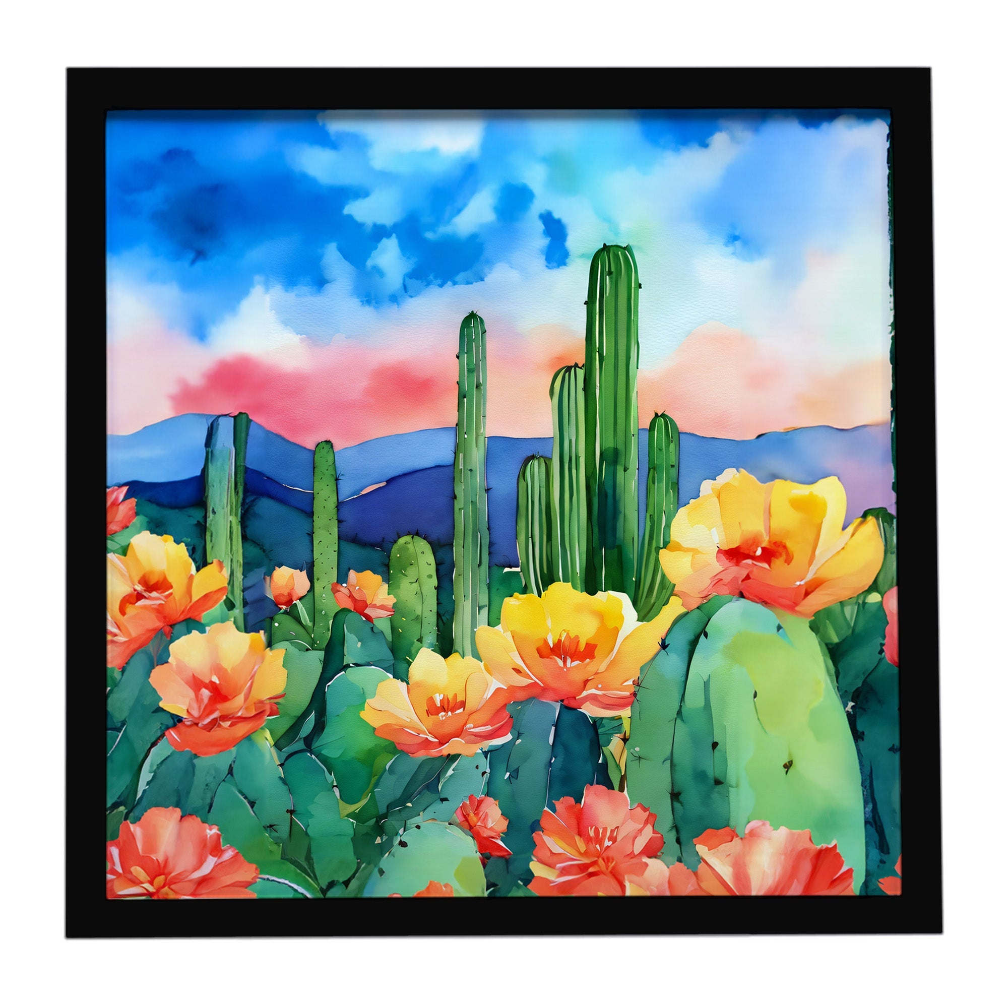 Arizona Saguaro Cactus Blossom in Watercolor Framed Metal Print Bathroom, Kitchen, Office, Home Decor Wall Art Ready to Hang, Square, 8X8