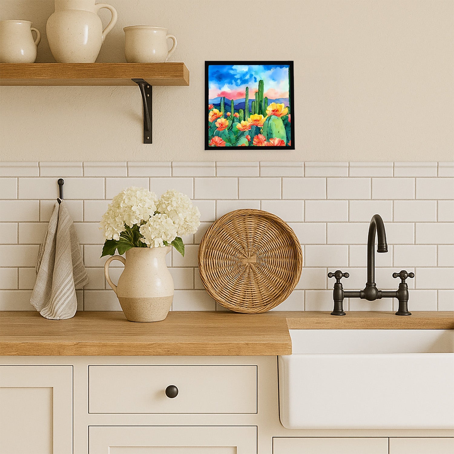 Arizona Saguaro Cactus Blossom in Watercolor Framed Metal Print Bathroom, Kitchen, Office, Home Decor Wall Art Ready to Hang, Square, 8X8