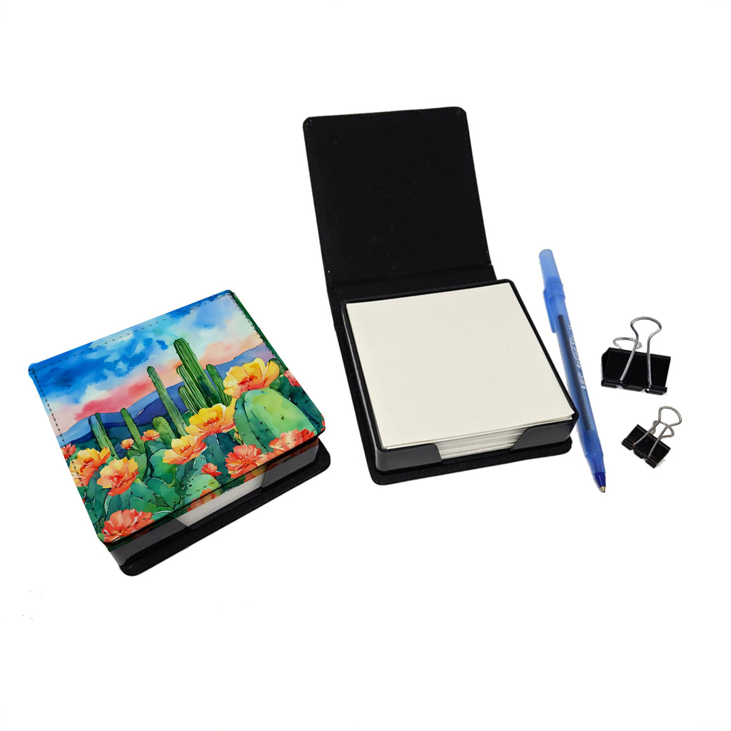 Arizona Saguaro Cactus Blossom in Watercolor PU Leather Note Paper Holder with Artist-Designed Cover, Desk Accessory, Office Gift