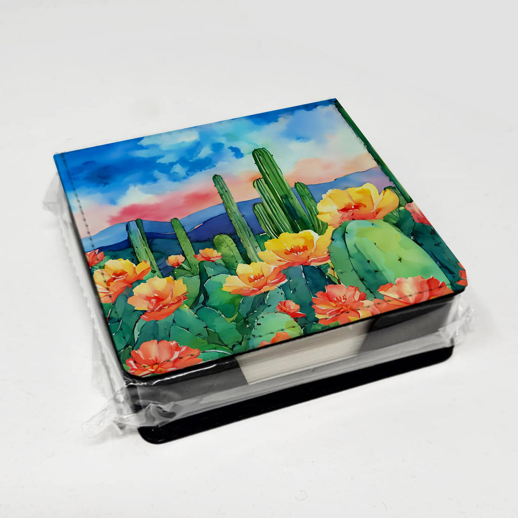 Arizona Saguaro Cactus Blossom in Watercolor PU Leather Note Paper Holder with Artist-Designed Cover, Desk Accessory, Office Gift