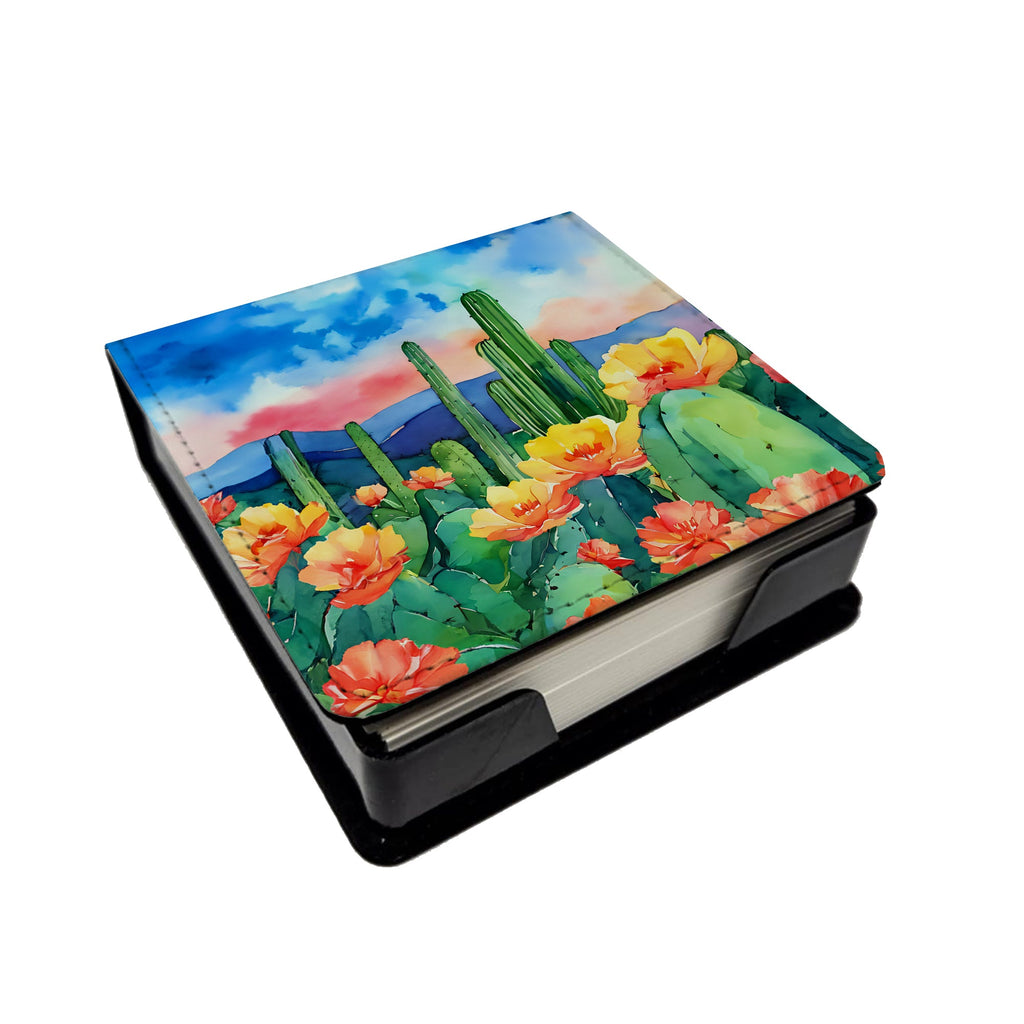Arizona Saguaro Cactus Blossom in Watercolor PU Leather Note Paper Holder with Artist-Designed Cover, Desk Accessory, Office Gift