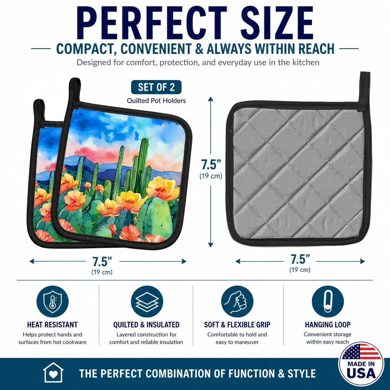 Arizona Saguaro Cactus Blossom in Watercolor Pot Holder Set of 2 Heat Resistant Quilted Hot Pads 7.5 x 7.5 Inch, Insulated Kitchen Trivets for Cooking & Baking