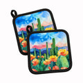 Arizona Saguaro Cactus Blossom in Watercolor Pot Holder Set of 2 Heat Resistant Quilted Hot Pads 7.5 x 7.5 Inch, Insulated Kitchen Trivets for Cooking & Baking