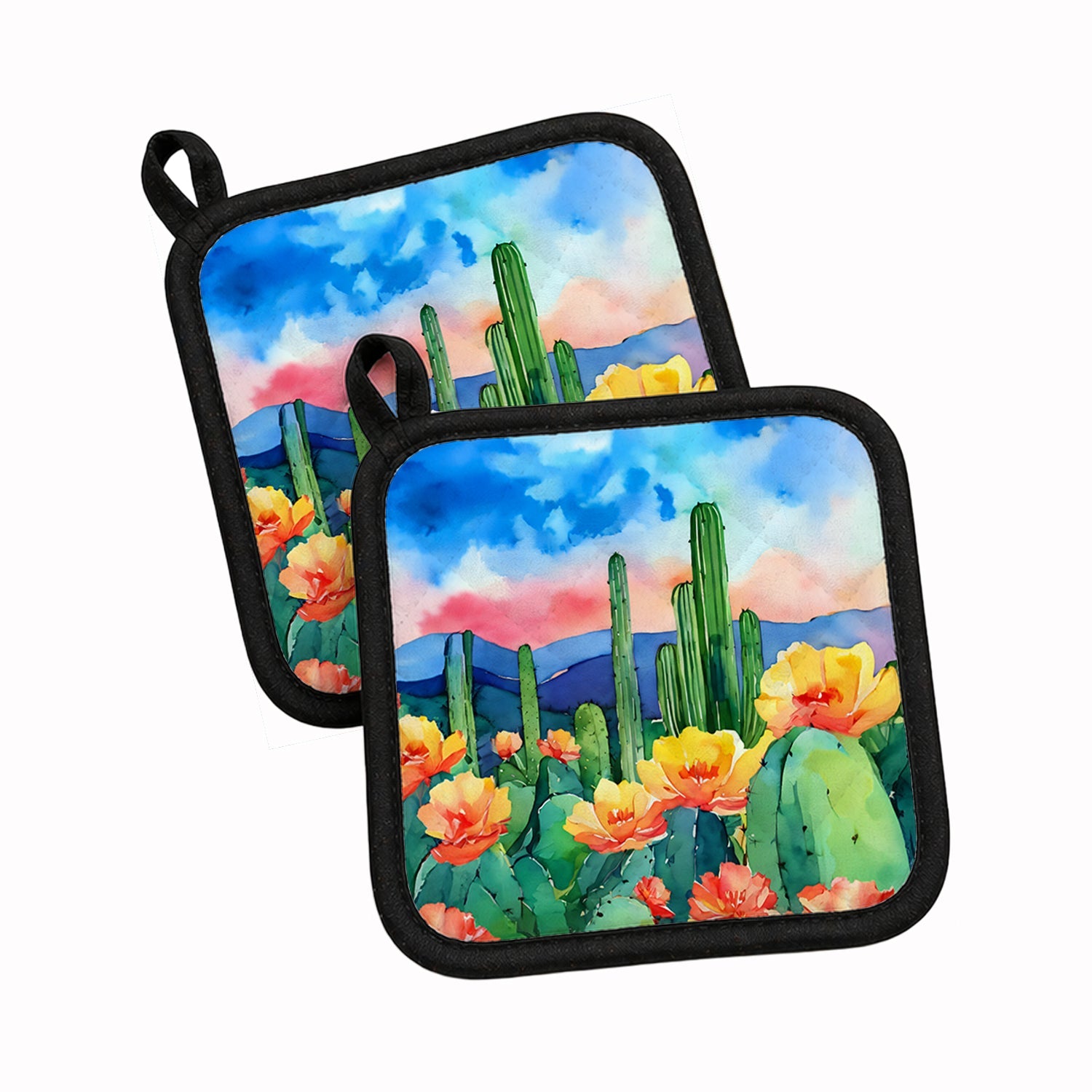 Arizona Saguaro Cactus Blossom in Watercolor Pot Holder Set of 2 Heat Resistant Quilted Hot Pads 7.5 x 7.5 Inch, Insulated Kitchen Trivets for Cooking & Baking