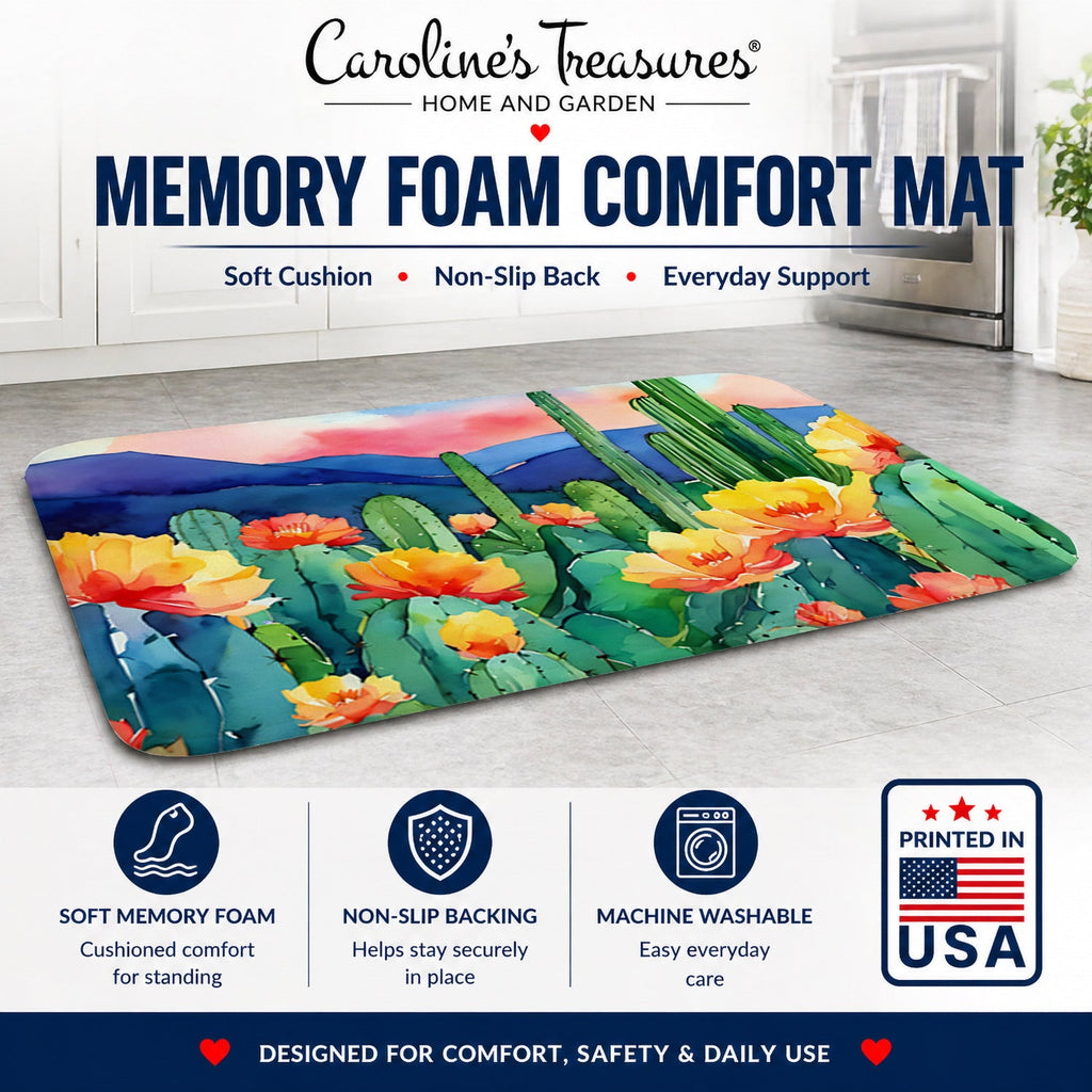 Arizona Saguaro Cactus Blossom in Watercolor Memory Foam Kitchen Mat Machine Washable Anti-Fatigue Cushion Comfort Bath or Kitchen Rug