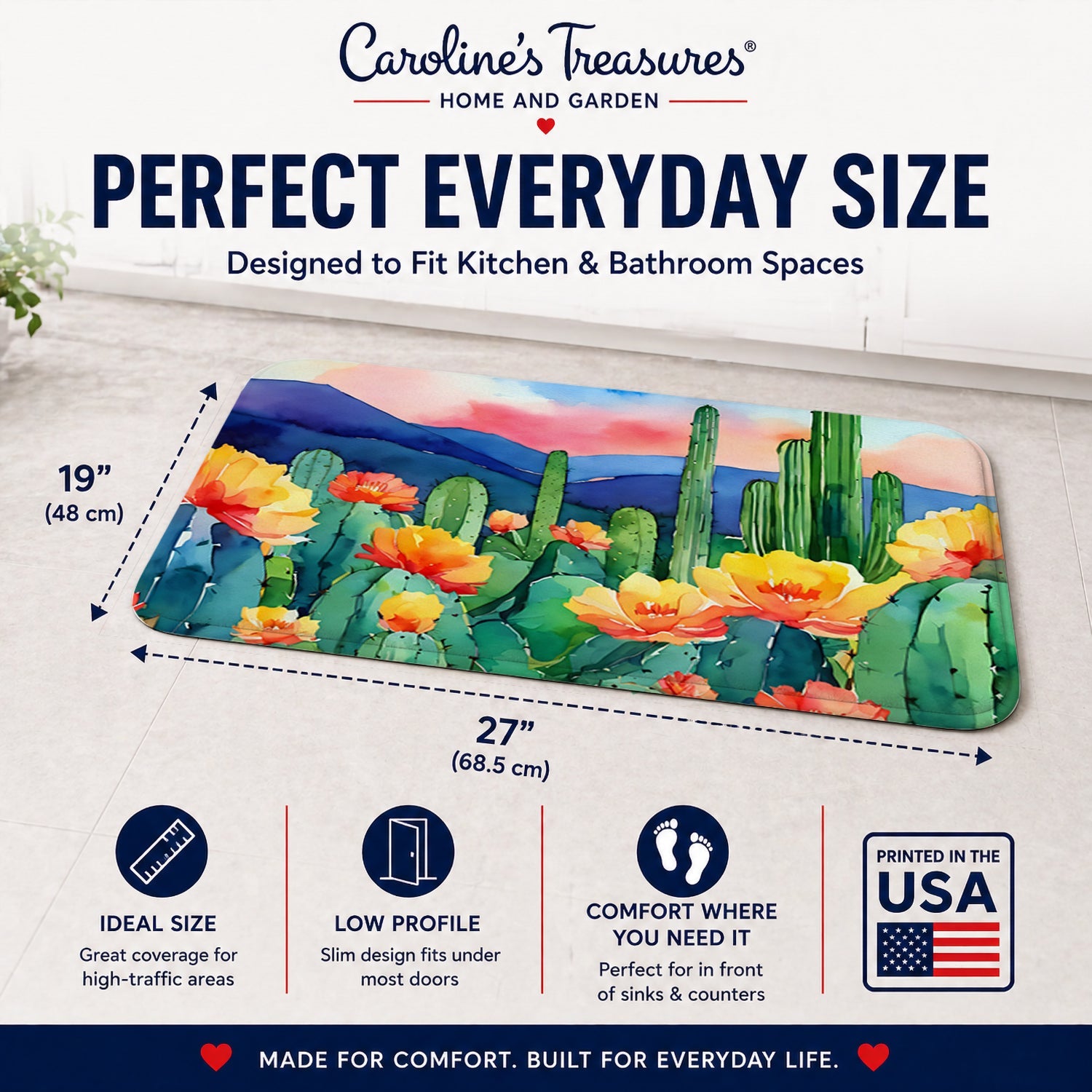 Arizona Saguaro Cactus Blossom in Watercolor Memory Foam Kitchen Mat Machine Washable Anti-Fatigue Cushion Comfort Bath or Kitchen Rug