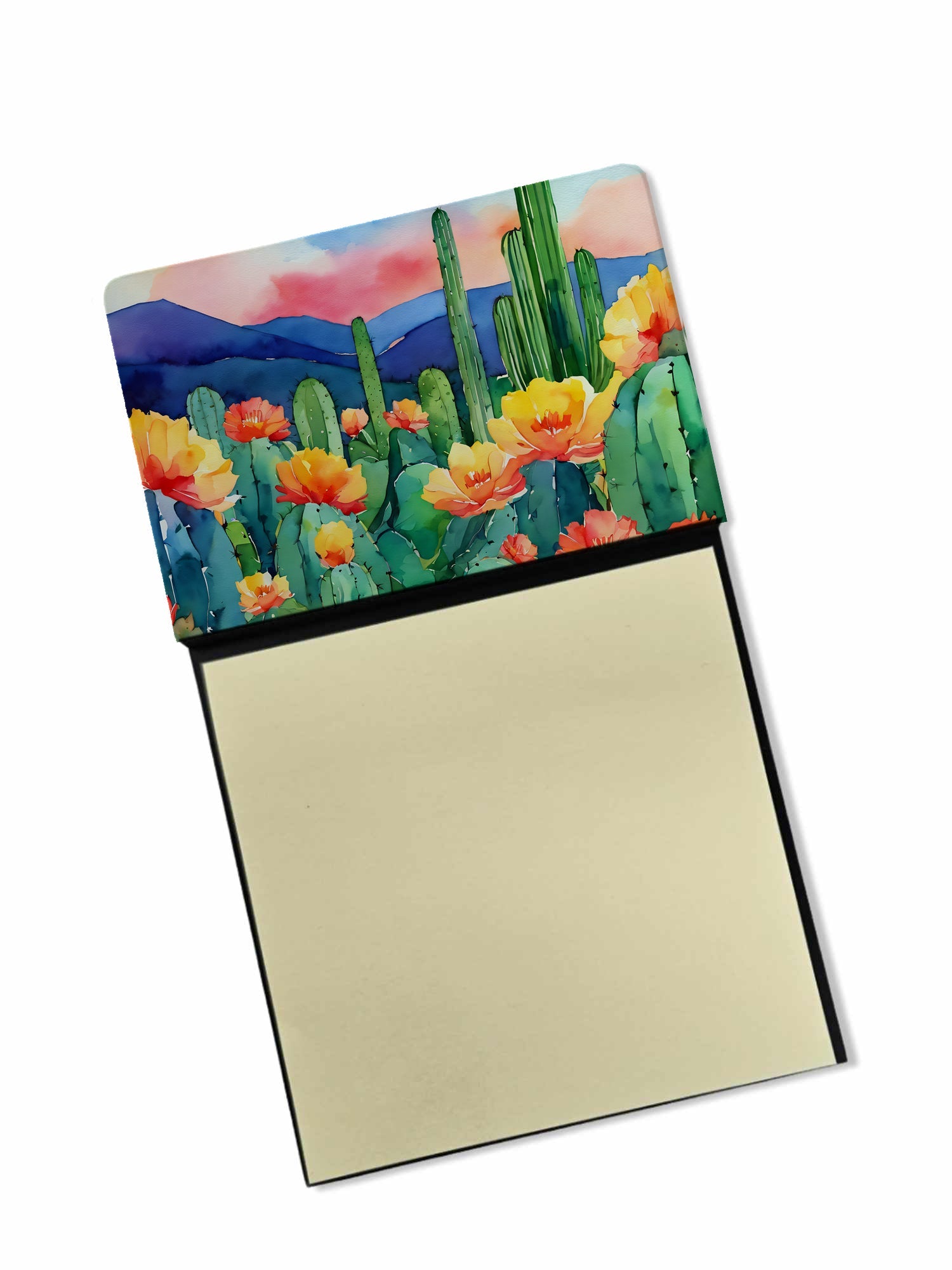 Arizona Saguaro Cactus Blossom in Watercolor Watercolor Sticky Note Holder Refillable Dispenser Desk Accessory 3x3 Pad Gift