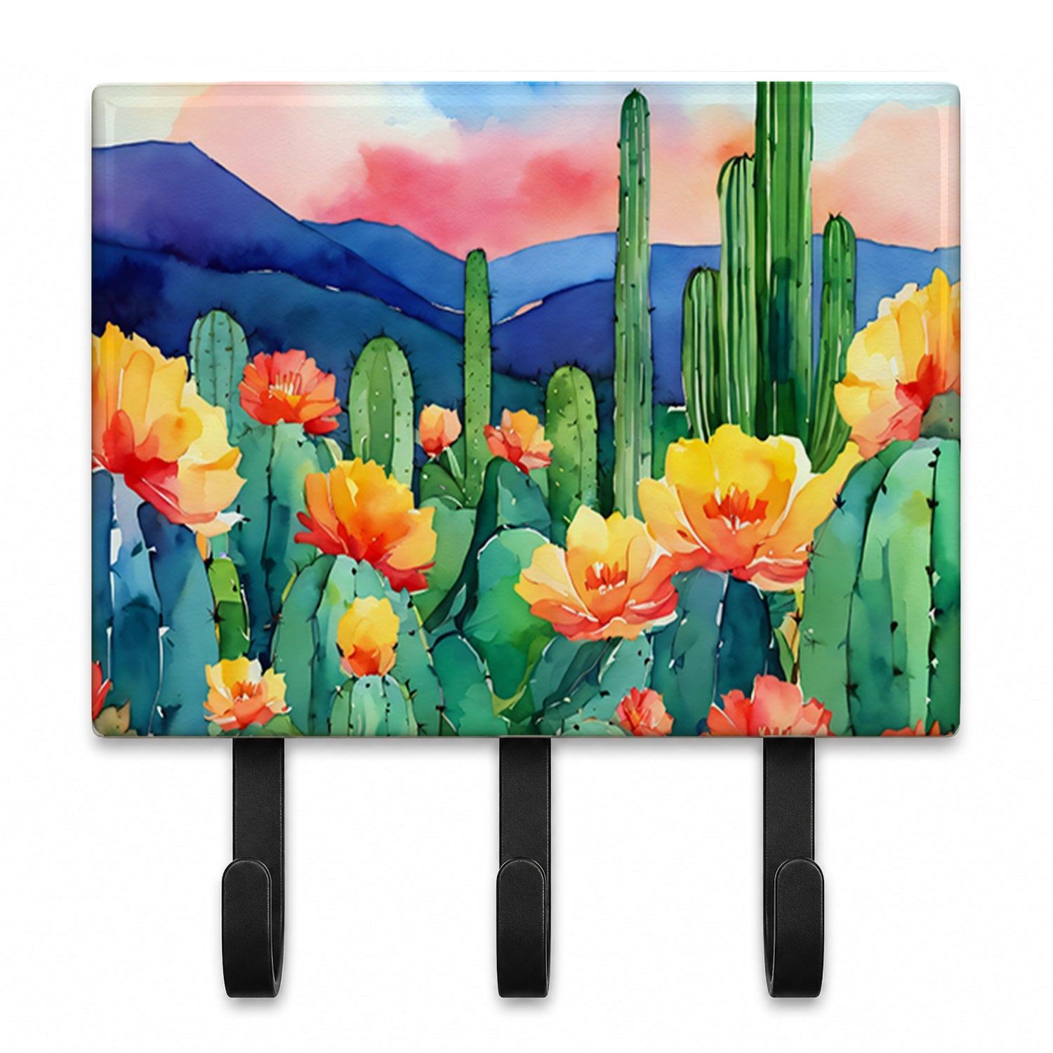 Arizona Saguaro Cactus Blossom in Watercolor Leash or Key Holder Wall Hooks, Coat Rack Wall Mount, for Hanging Keys, Towels, Aprons, Leashes