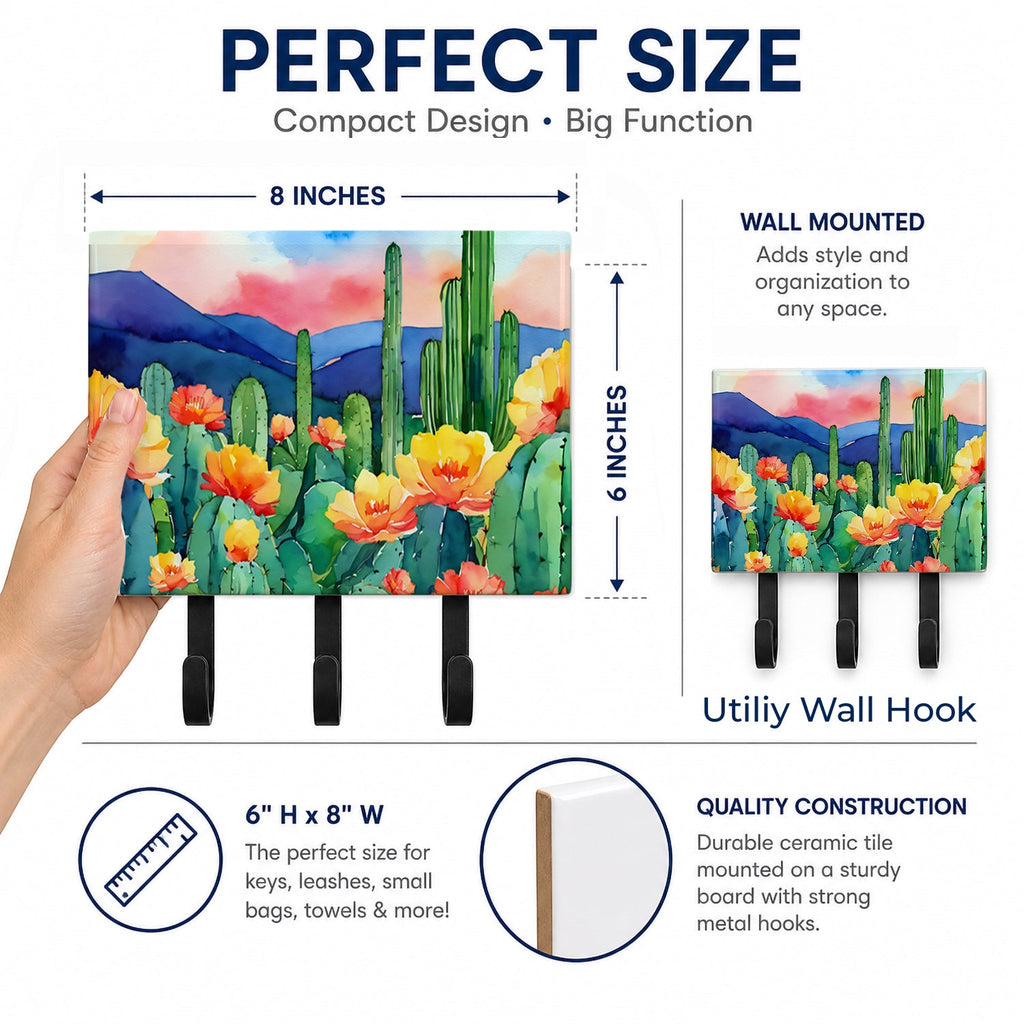 Arizona Saguaro Cactus Blossom in Watercolor Leash or Key Holder Wall Hooks, Coat Rack Wall Mount, for Hanging Keys, Towels, Aprons, Leashes