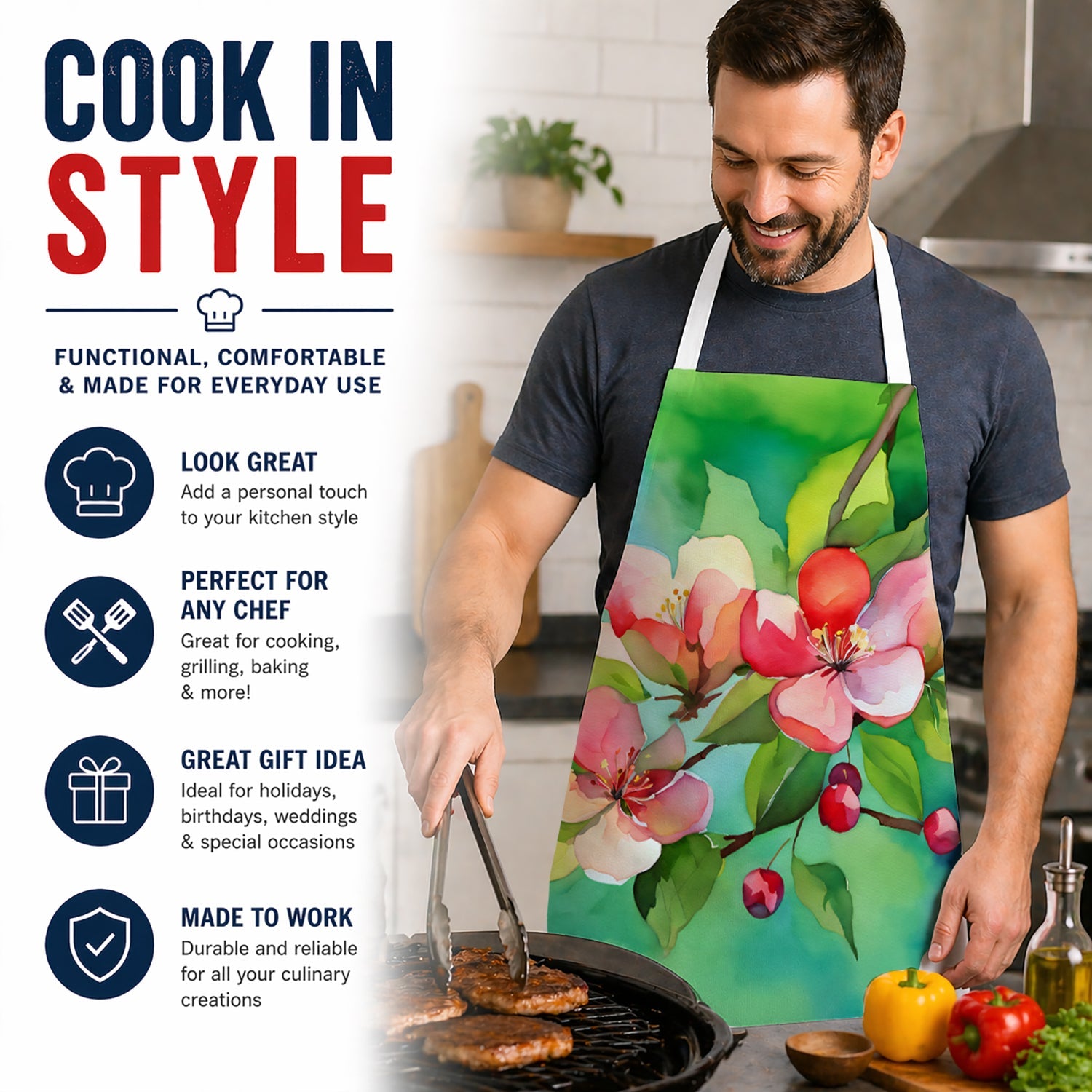 Arkansas Apple Blossom in Watercolor Apron Cooking Kitchen Server Baking Crafts Gardening for Adult Women Men, Unisex, Large, Multicolor