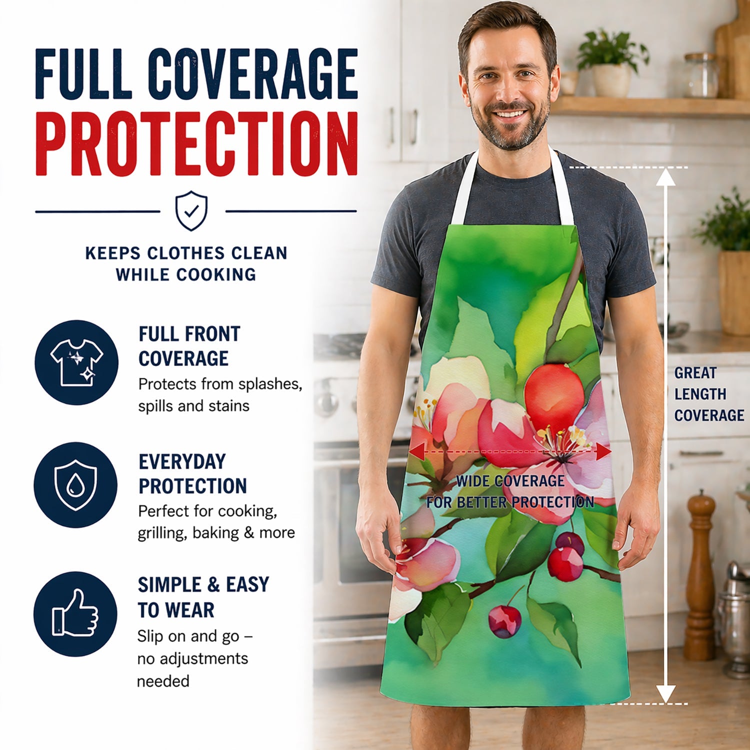 Arkansas Apple Blossom in Watercolor Apron Cooking Kitchen Server Baking Crafts Gardening for Adult Women Men, Unisex, Large, Multicolor