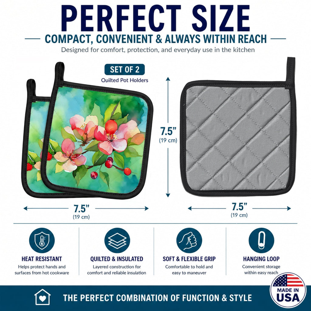 Arkansas Apple Blossom in Watercolor Pot Holder Set of 2 Heat Resistant Quilted Hot Pads 7.5 x 7.5 Inch, Insulated Kitchen Trivets for Cooking & Baking