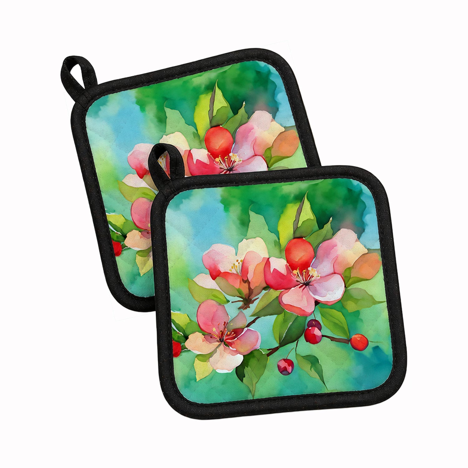 Arkansas Apple Blossom in Watercolor Pot Holder Set of 2 Heat Resistant Quilted Hot Pads 7.5 x 7.5 Inch, Insulated Kitchen Trivets for Cooking & Baking