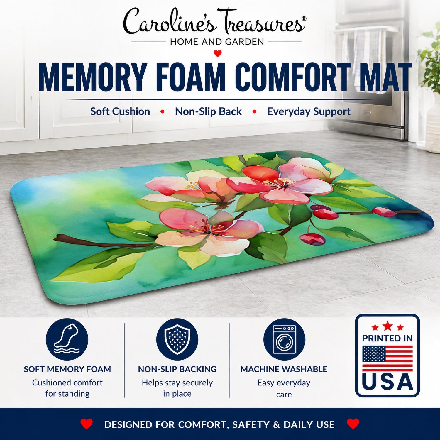 Arkansas Apple Blossom in Watercolor Memory Foam Kitchen Mat Machine Washable Anti-Fatigue Cushion Comfort Bath or Kitchen Rug