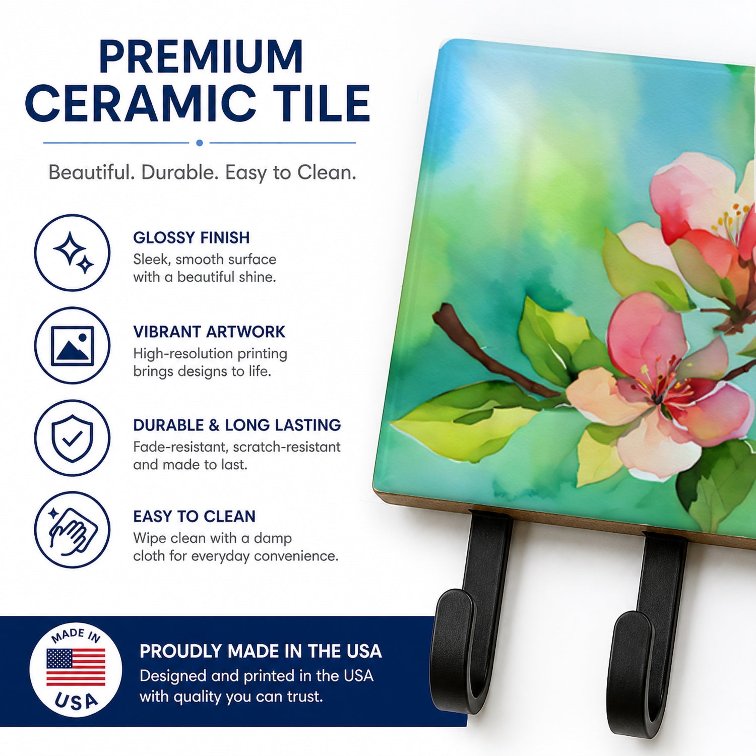 Arkansas Apple Blossom in Watercolor Leash or Key Holder Wall Hooks, Coat Rack Wall Mount, for Hanging Keys, Towels, Aprons, Leashes