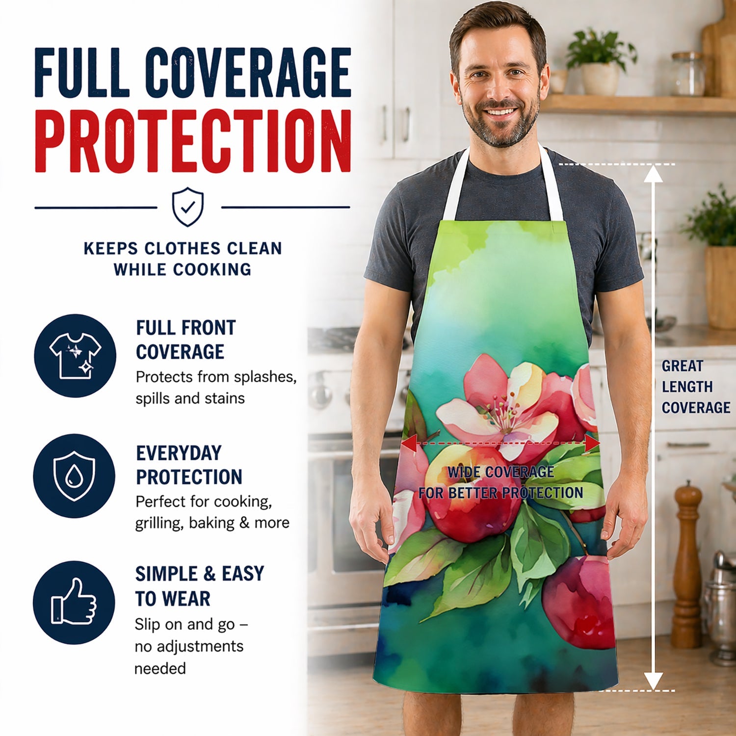 Arkansas Apple Blossom in Watercolor Apron Cooking Kitchen Server Baking Crafts Gardening for Adult Women Men, Unisex, Large, Multicolor