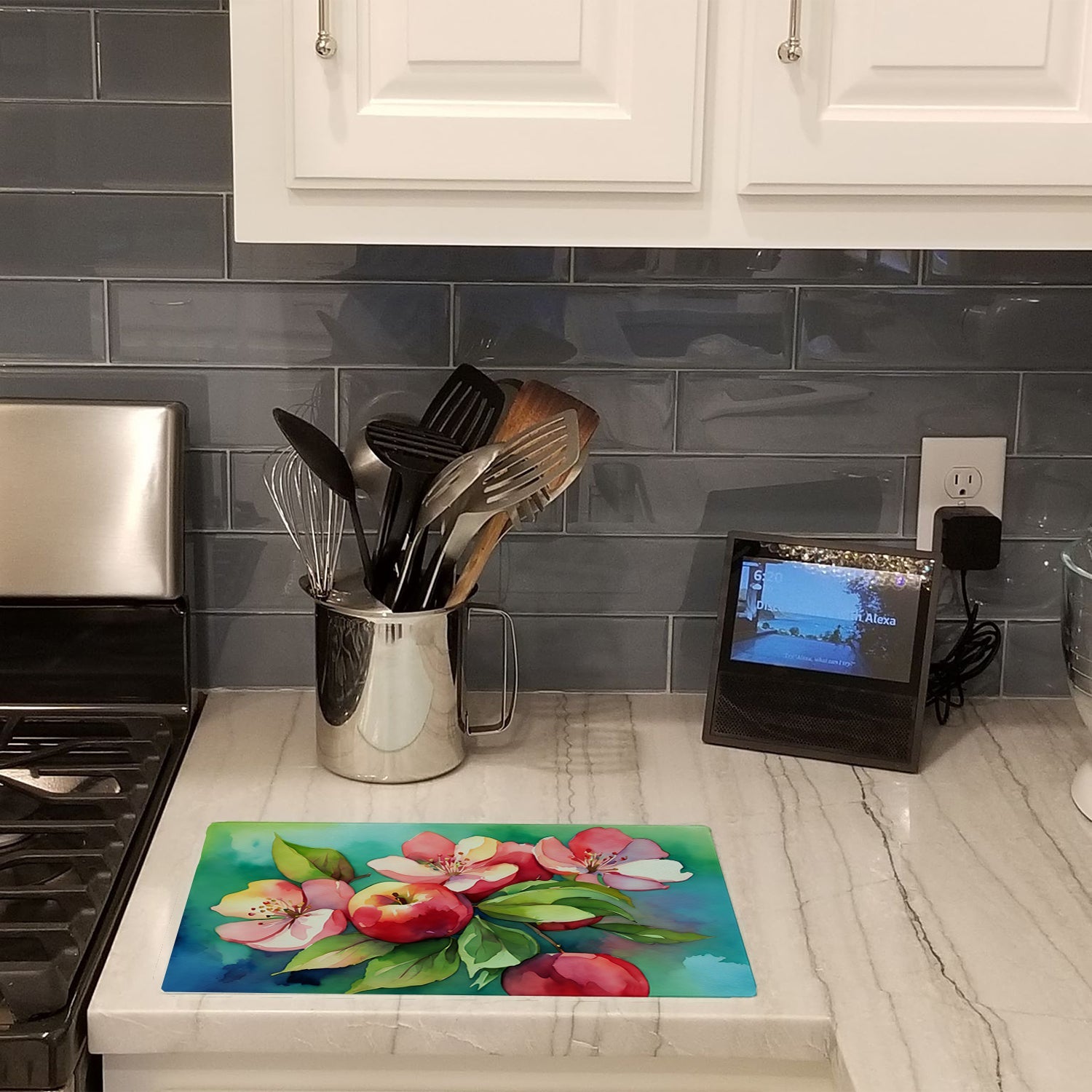 Arkansas Apple Blossom in Watercolor Cutting Board Tempered Glass Kitchen Cutting Surface, Heat Resistant Chopping, Non-Slip Feet, Food Prep & Serving