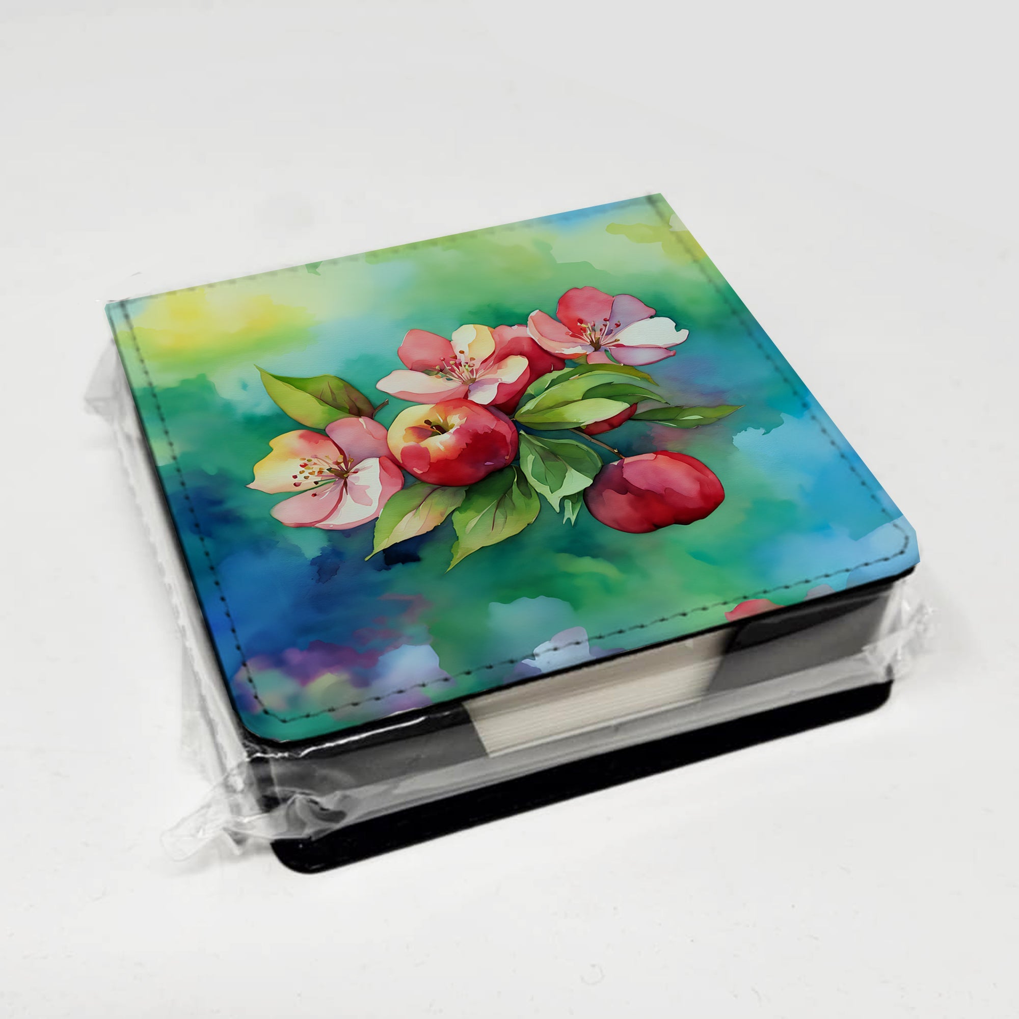 Arkansas Apple Blossom in Watercolor PU Leather Note Paper Holder with Artist-Designed Cover, Desk Accessory, Office Gift