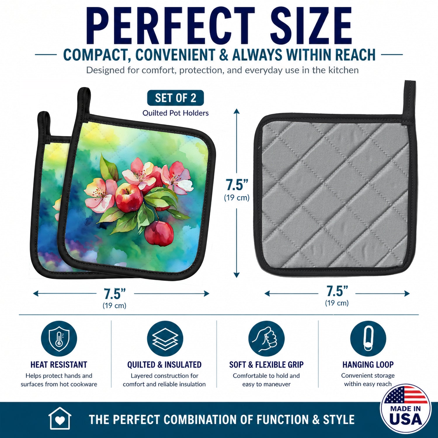 Arkansas Apple Blossom in Watercolor Pot Holder Set of 2 Heat Resistant Quilted Hot Pads 7.5 x 7.5 Inch, Insulated Kitchen Trivets for Cooking & Baking