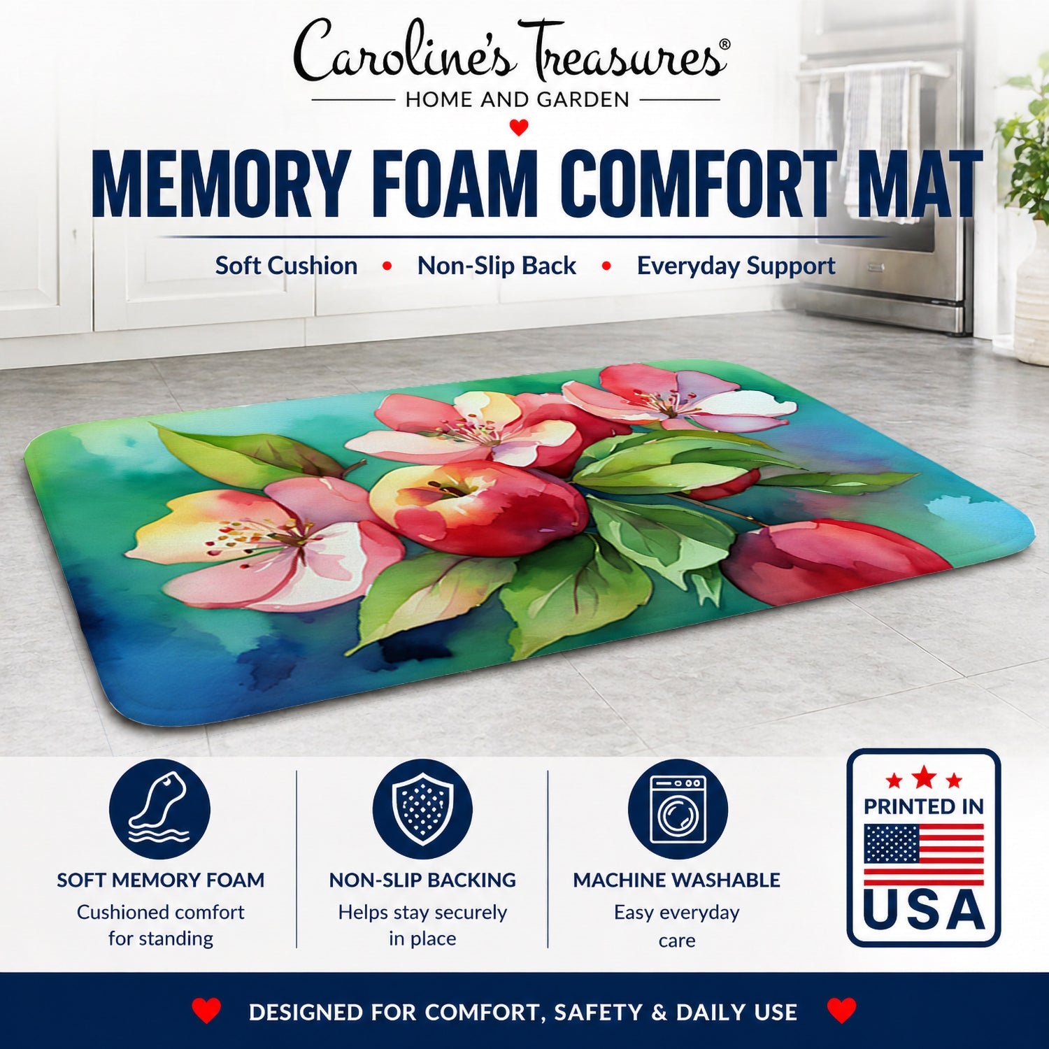 Arkansas Apple Blossom in Watercolor Memory Foam Kitchen Mat Machine Washable Anti-Fatigue Cushion Comfort Bath or Kitchen Rug