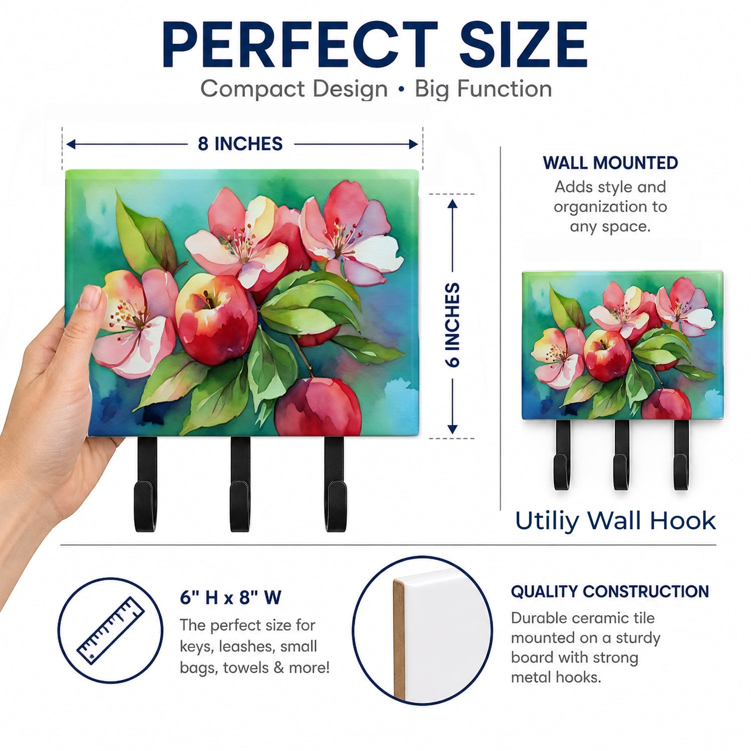 Arkansas Apple Blossom in Watercolor Leash or Key Holder Wall Hooks, Coat Rack Wall Mount, for Hanging Keys, Towels, Aprons, Leashes