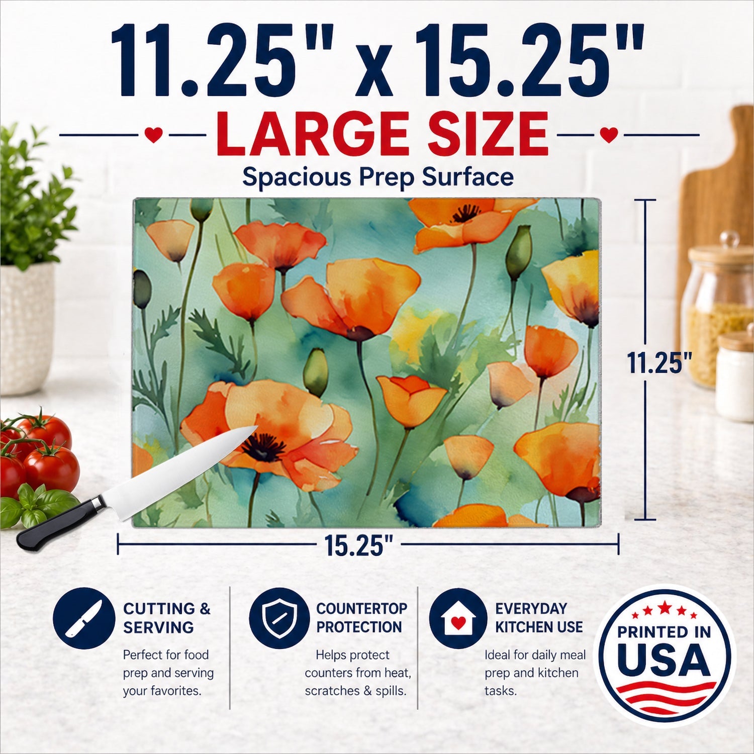 California California Poppies in Watercolor Cutting Board Tempered Glass Kitchen Cutting Surface, Heat Resistant Chopping, Non-Slip Feet, Food Prep & Serving