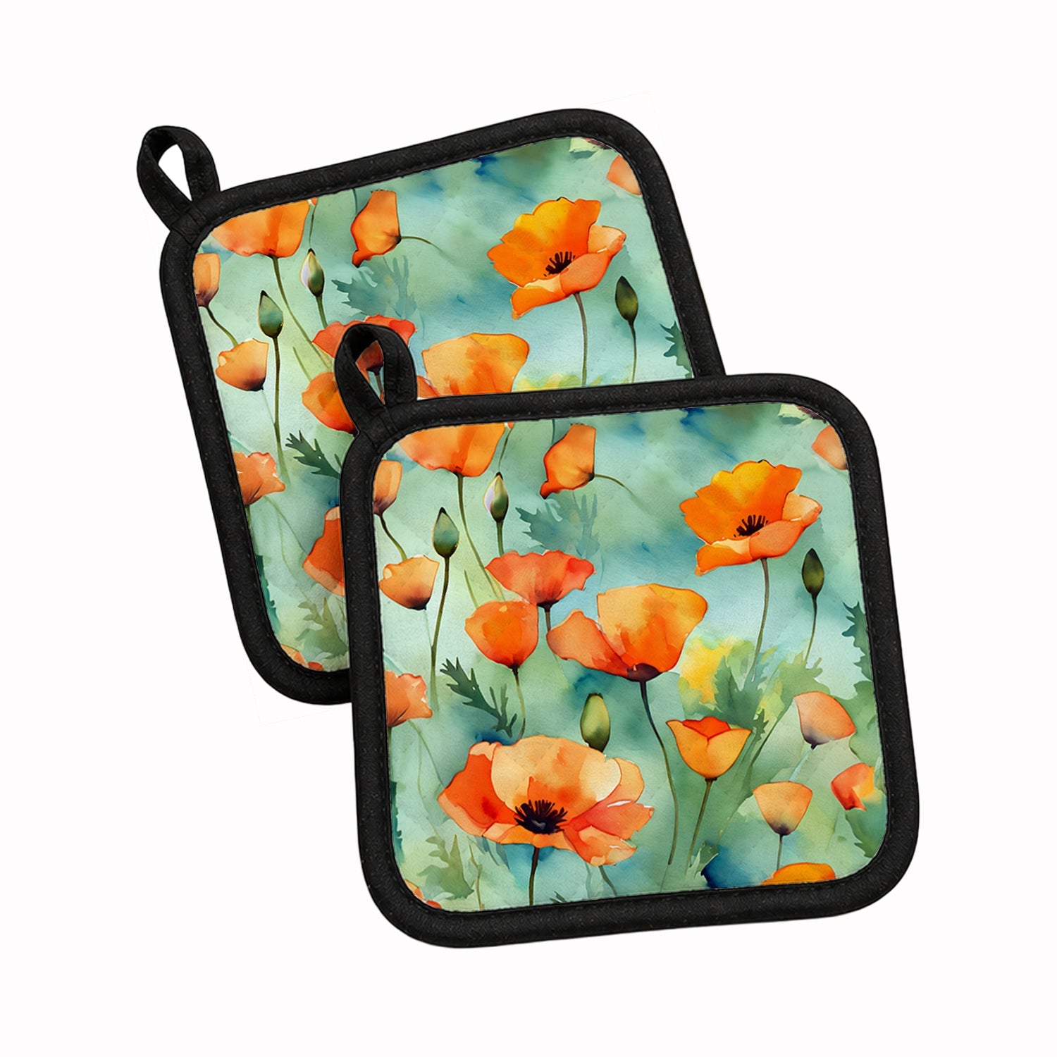 California California Poppies in Watercolor Pot Holder Set of 2 Heat Resistant Quilted Hot Pads 7.5 x 7.5 Inch, Insulated Kitchen Trivets for Cooking & Baking