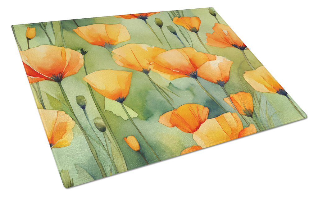 California California Poppies in Watercolor Cutting Board Tempered Glass Kitchen Cutting Surface, Heat Resistant Chopping, Non-Slip Feet, Food Prep & Serving