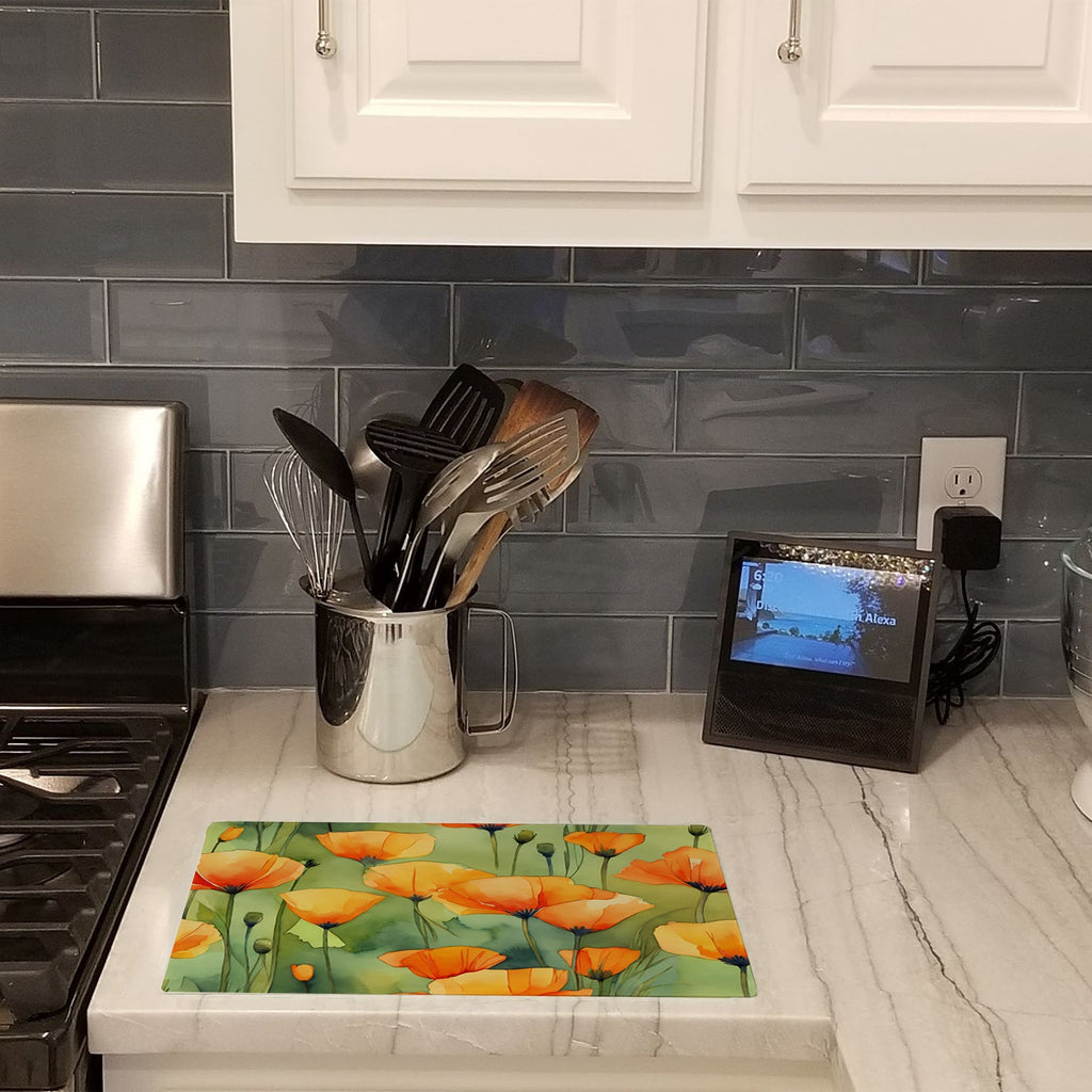 California California Poppies in Watercolor Cutting Board Tempered Glass Kitchen Cutting Surface, Heat Resistant Chopping, Non-Slip Feet, Food Prep & Serving