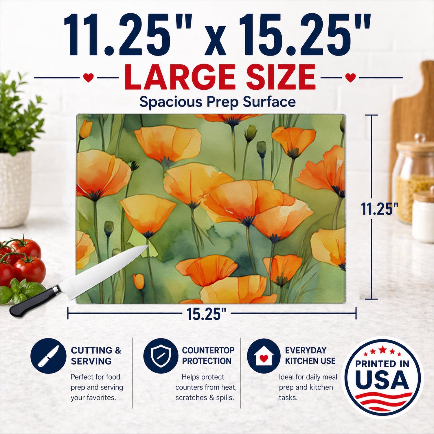 California California Poppies in Watercolor Cutting Board Tempered Glass Kitchen Cutting Surface, Heat Resistant Chopping, Non-Slip Feet, Food Prep & Serving