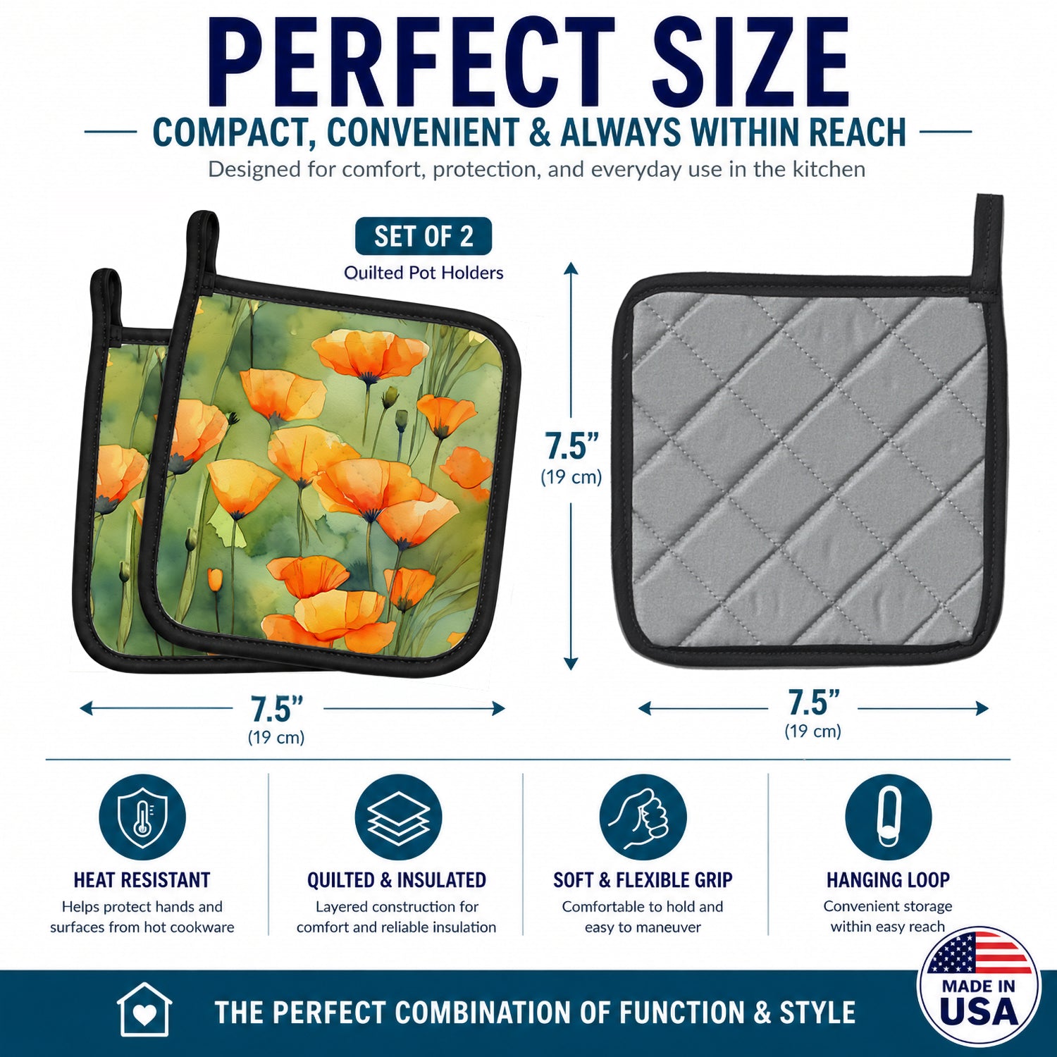 California California Poppies in Watercolor Pot Holder Set of 2 Heat Resistant Quilted Hot Pads 7.5 x 7.5 Inch, Insulated Kitchen Trivets for Cooking & Baking