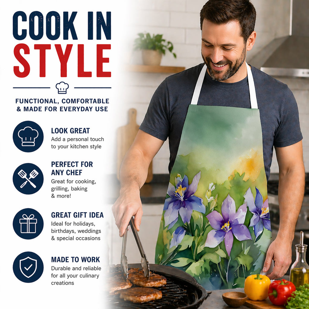 Colorado Rocky Mountain Columbine in Watercolor Apron Cooking Kitchen Server Baking Crafts Gardening for Adult Women Men, Unisex, Large, Multicolor