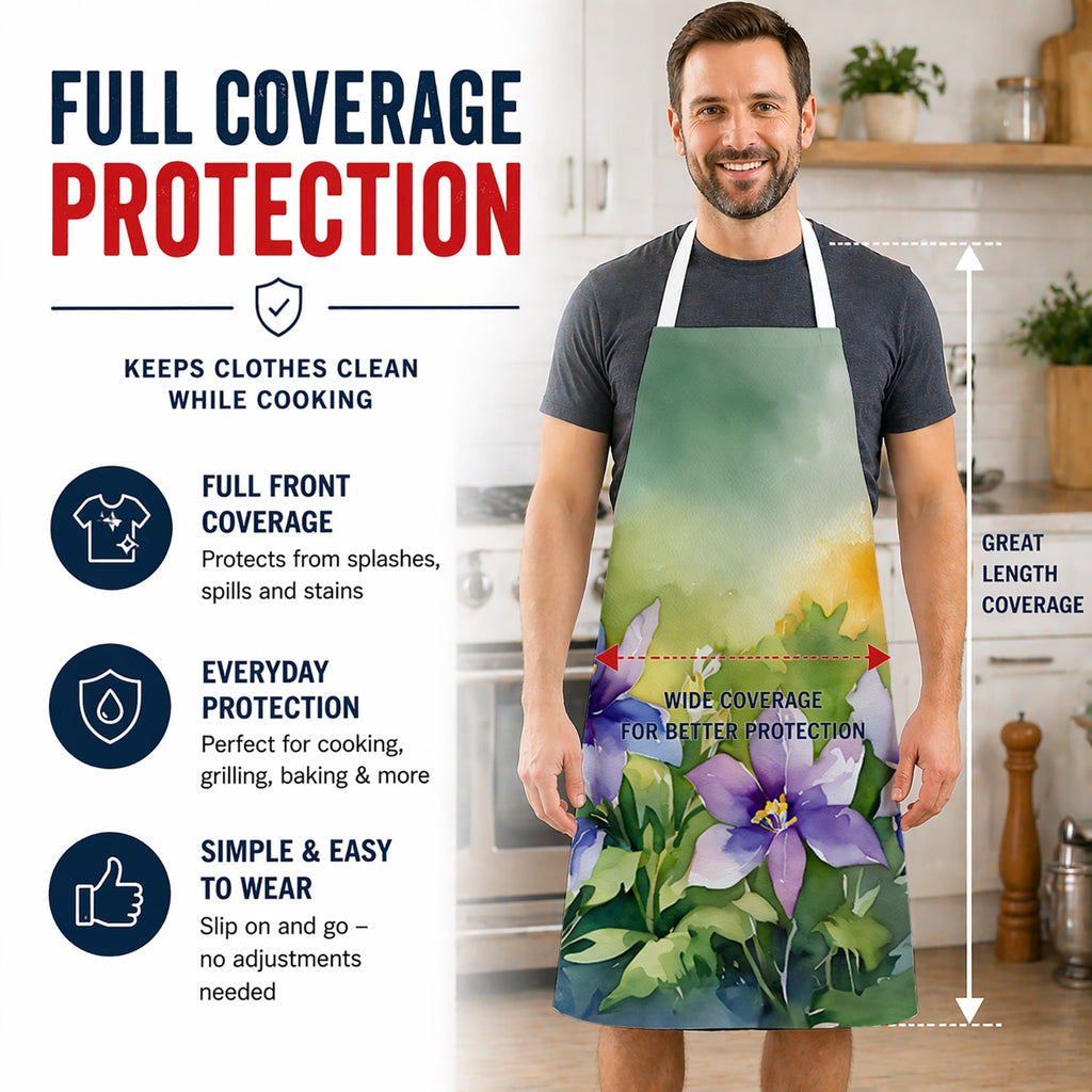 Colorado Rocky Mountain Columbine in Watercolor Apron Cooking Kitchen Server Baking Crafts Gardening for Adult Women Men, Unisex, Large, Multicolor