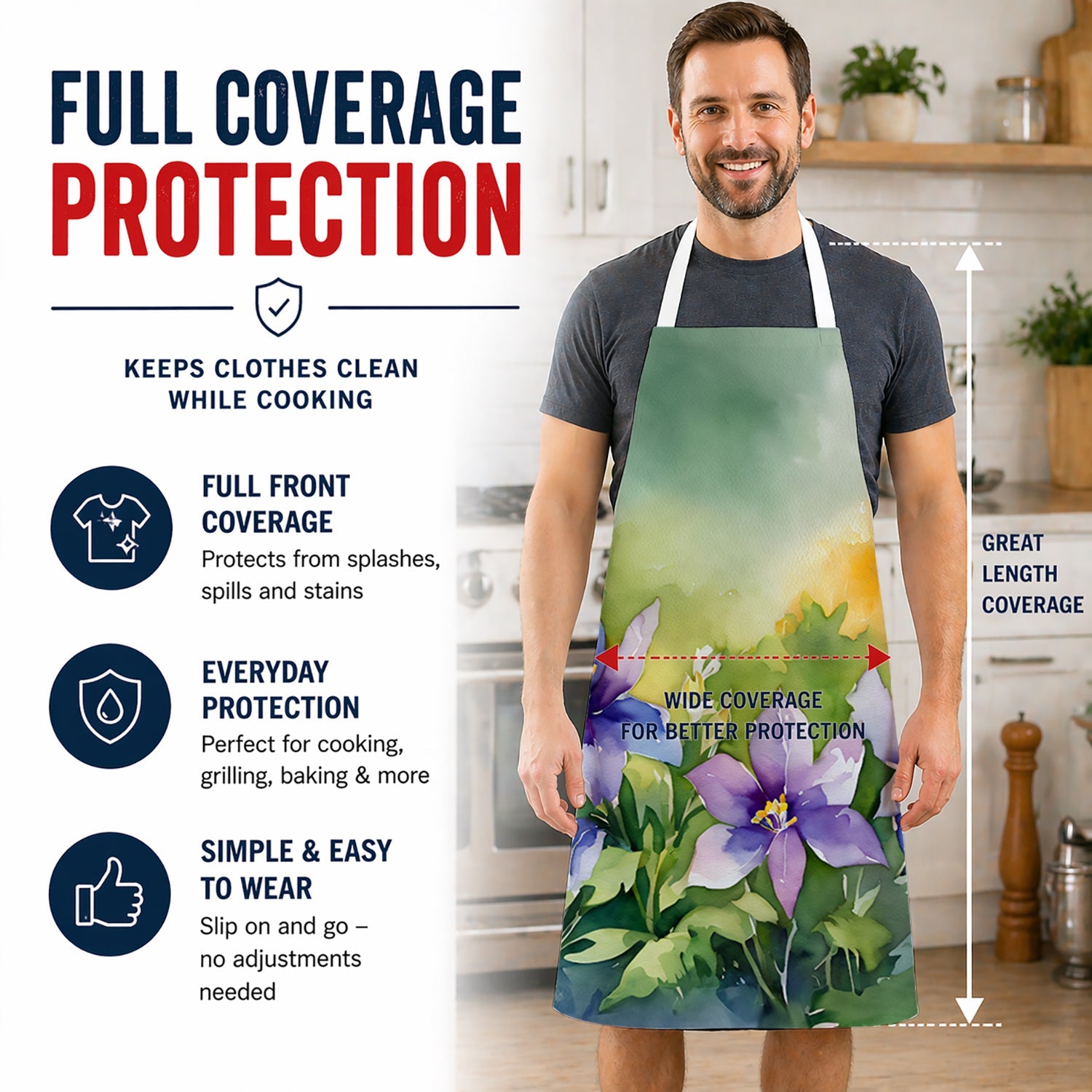 Colorado Rocky Mountain Columbine in Watercolor Apron Cooking Kitchen Server Baking Crafts Gardening for Adult Women Men, Unisex, Large, Multicolor