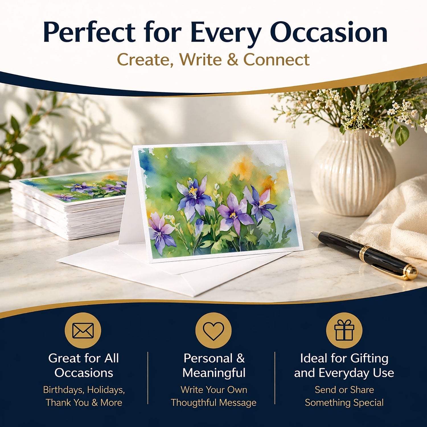 Colorado Rocky Mountain Columbine in Watercolor Greeting Cards Pack of 8 Blank Cards with Envelopes Whimsical A7 Size 5x7