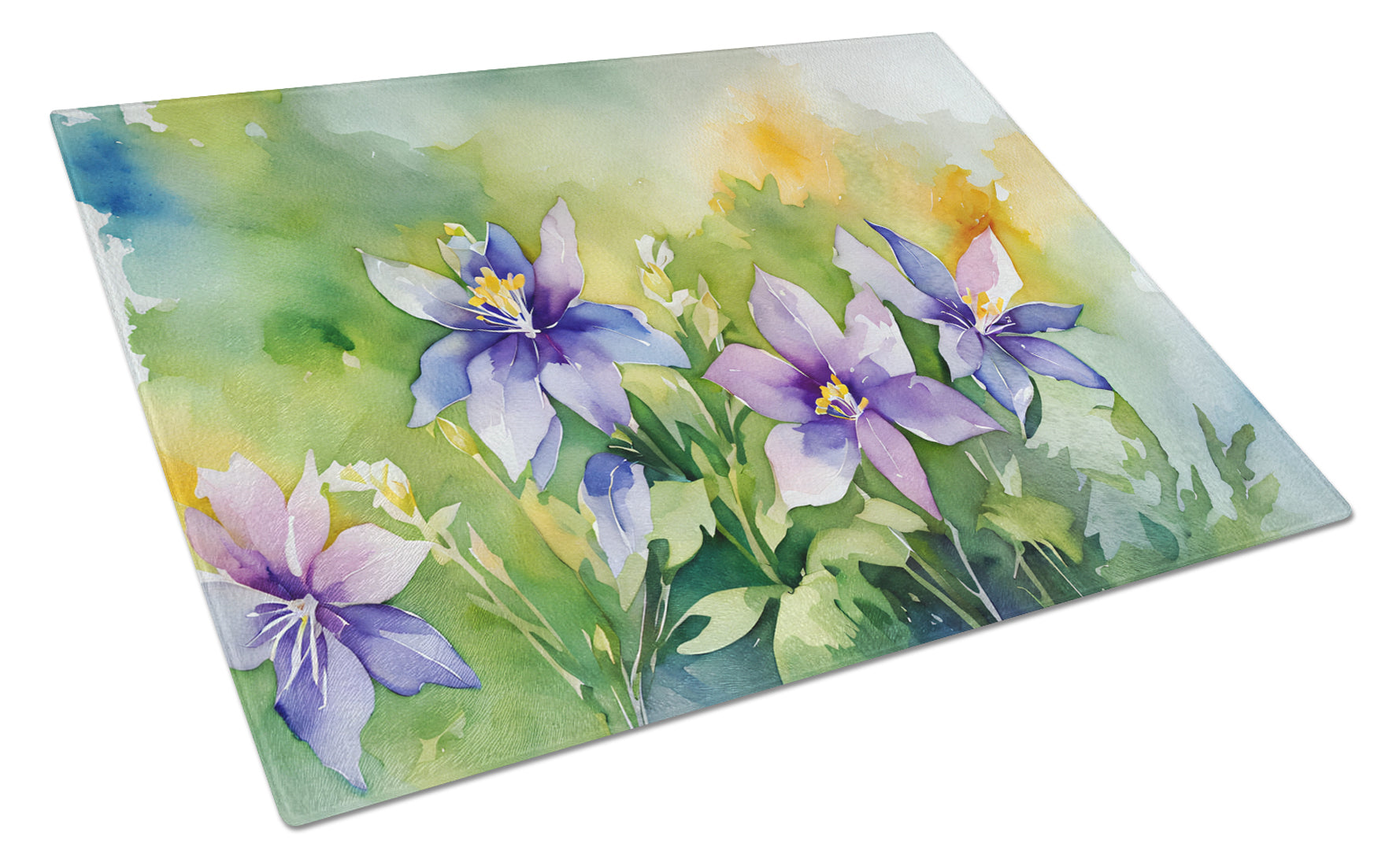 Colorado Rocky Mountain Columbine in Watercolor Cutting Board Tempered Glass Kitchen Cutting Surface, Heat Resistant Chopping, Non-Slip Feet, Food Prep & Serving