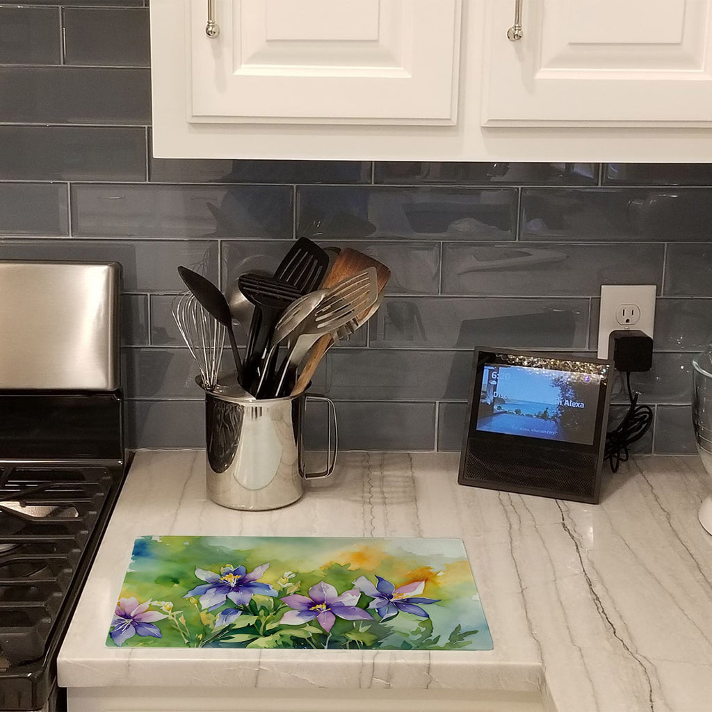 Colorado Rocky Mountain Columbine in Watercolor Cutting Board Tempered Glass Kitchen Cutting Surface, Heat Resistant Chopping, Non-Slip Feet, Food Prep & Serving